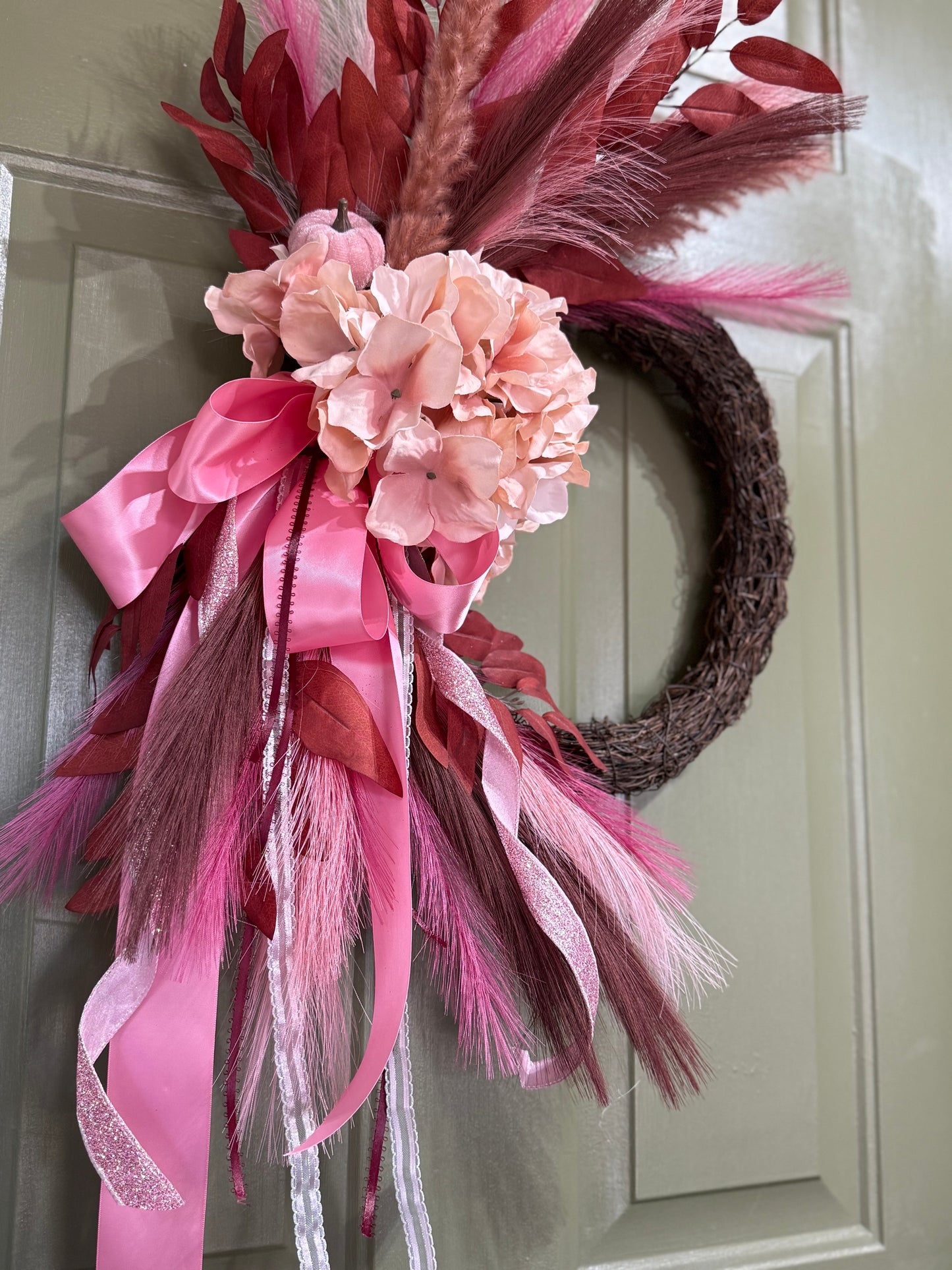 Pink & Burgundy Fall Wreath with Hydrangeas, Pampas Grass & Layered Bows