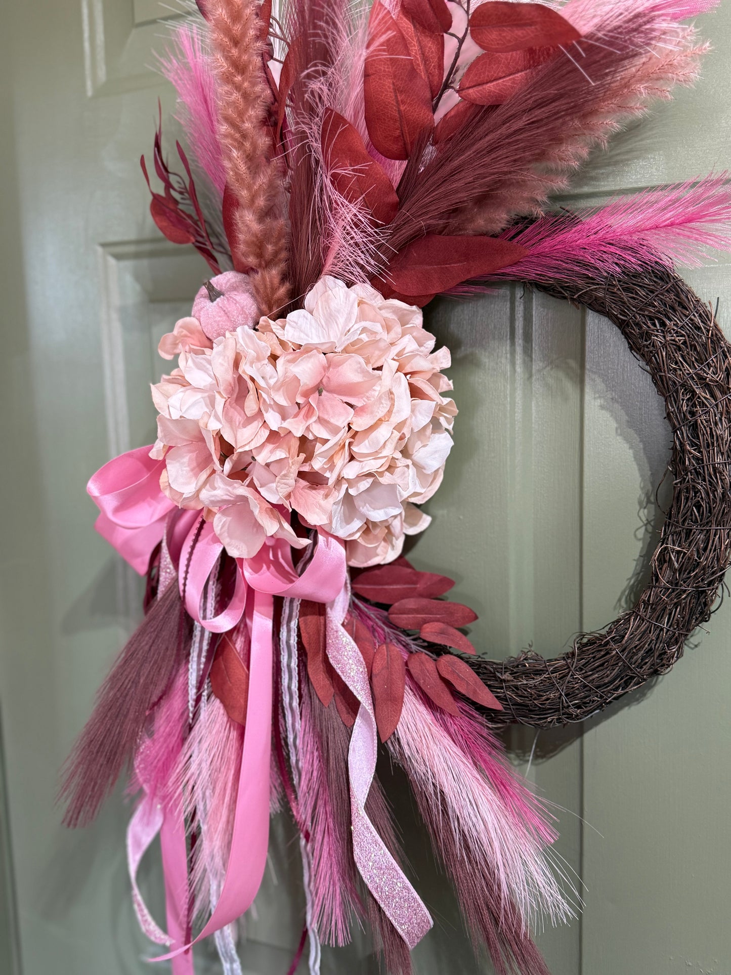 Pink & Burgundy Fall Wreath with Hydrangeas, Pampas Grass & Layered Bows