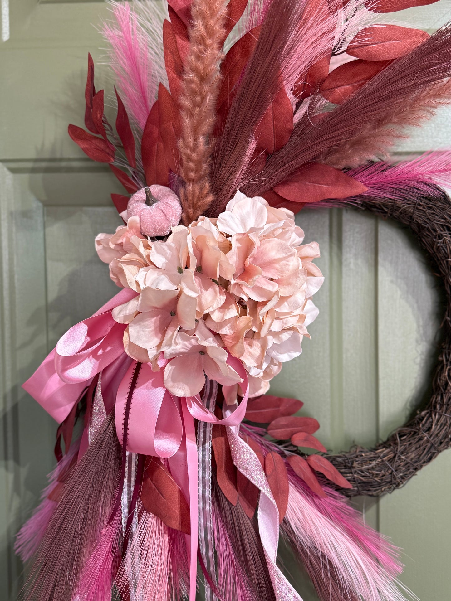 Pink & Burgundy Fall Wreath with Hydrangeas, Pampas Grass & Layered Bows