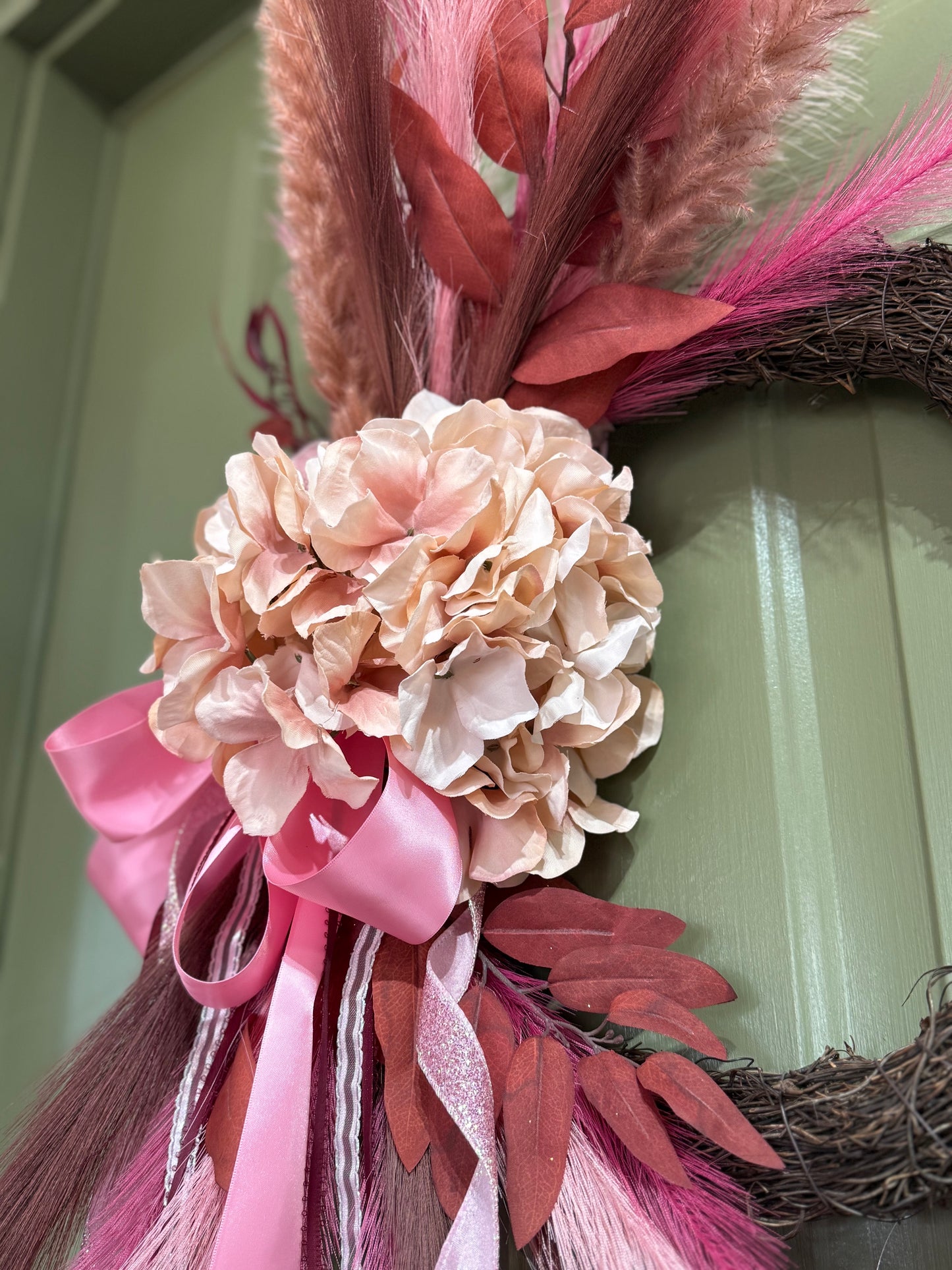 Pink & Burgundy Fall Wreath with Hydrangeas, Pampas Grass & Layered Bows