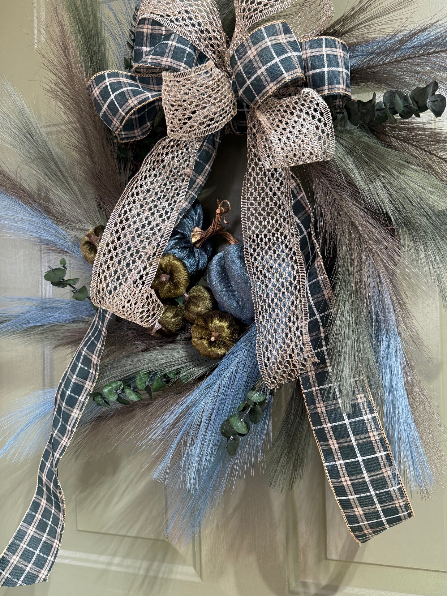 Dark Teal & Green Thanksgiving Wreath with Pumpkins, Eucalyptus & Plaid Bow