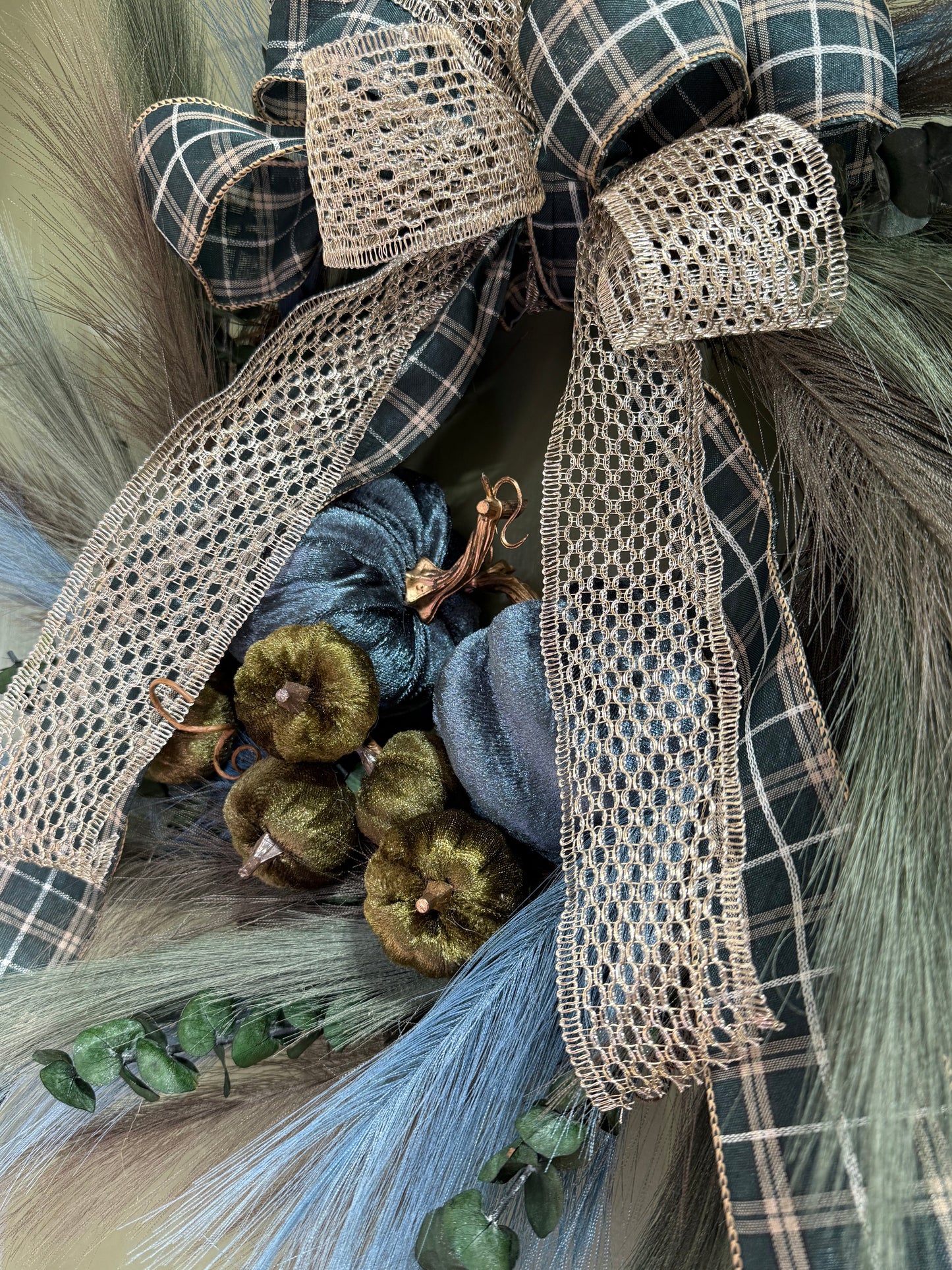 Dark Teal & Green Thanksgiving Wreath with Pumpkins, Eucalyptus & Plaid Bow