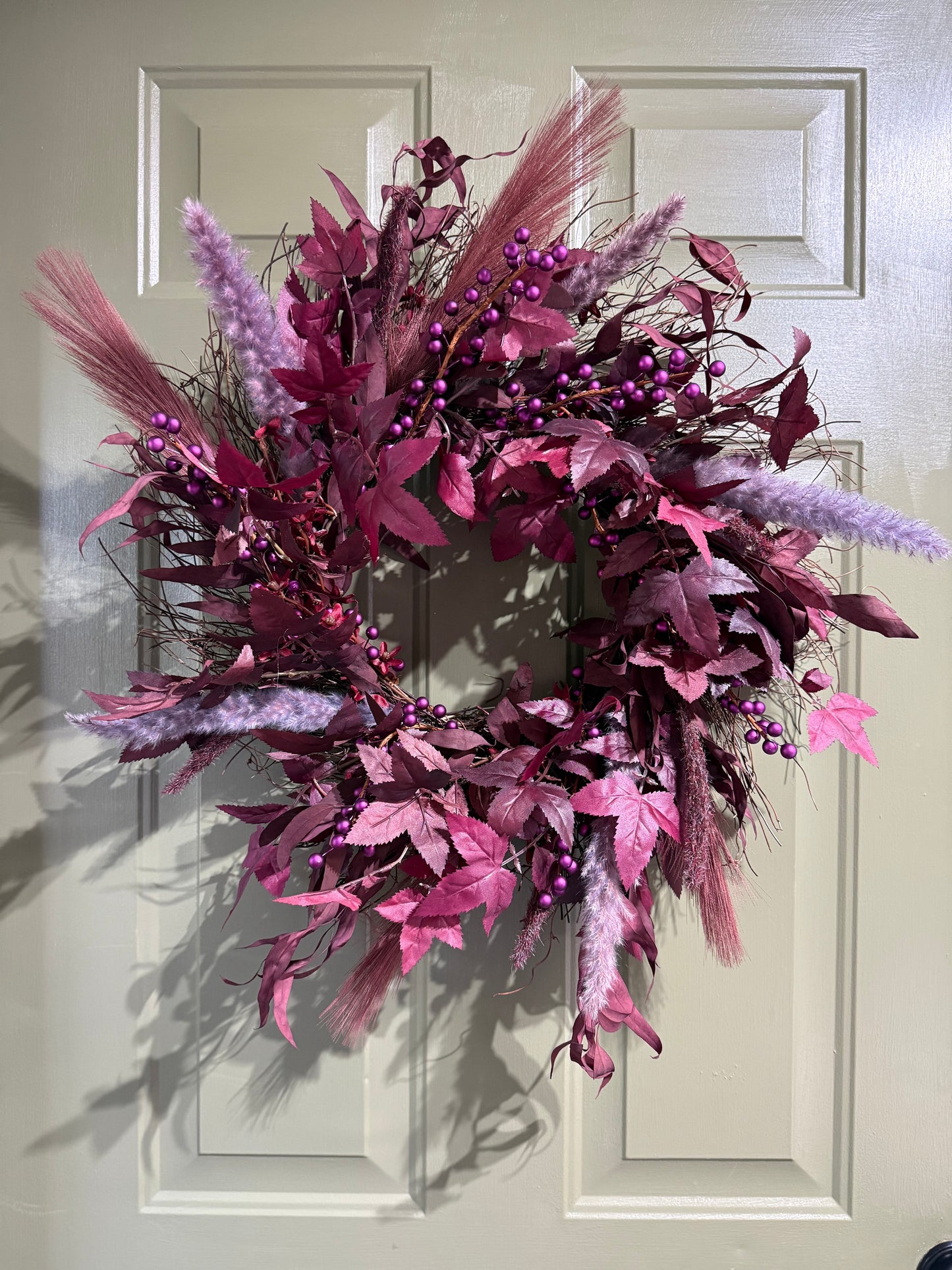 Boho Moody Fall Wreath with Burgundy Pampas, Purple Berries & Eucalyptus – 22”