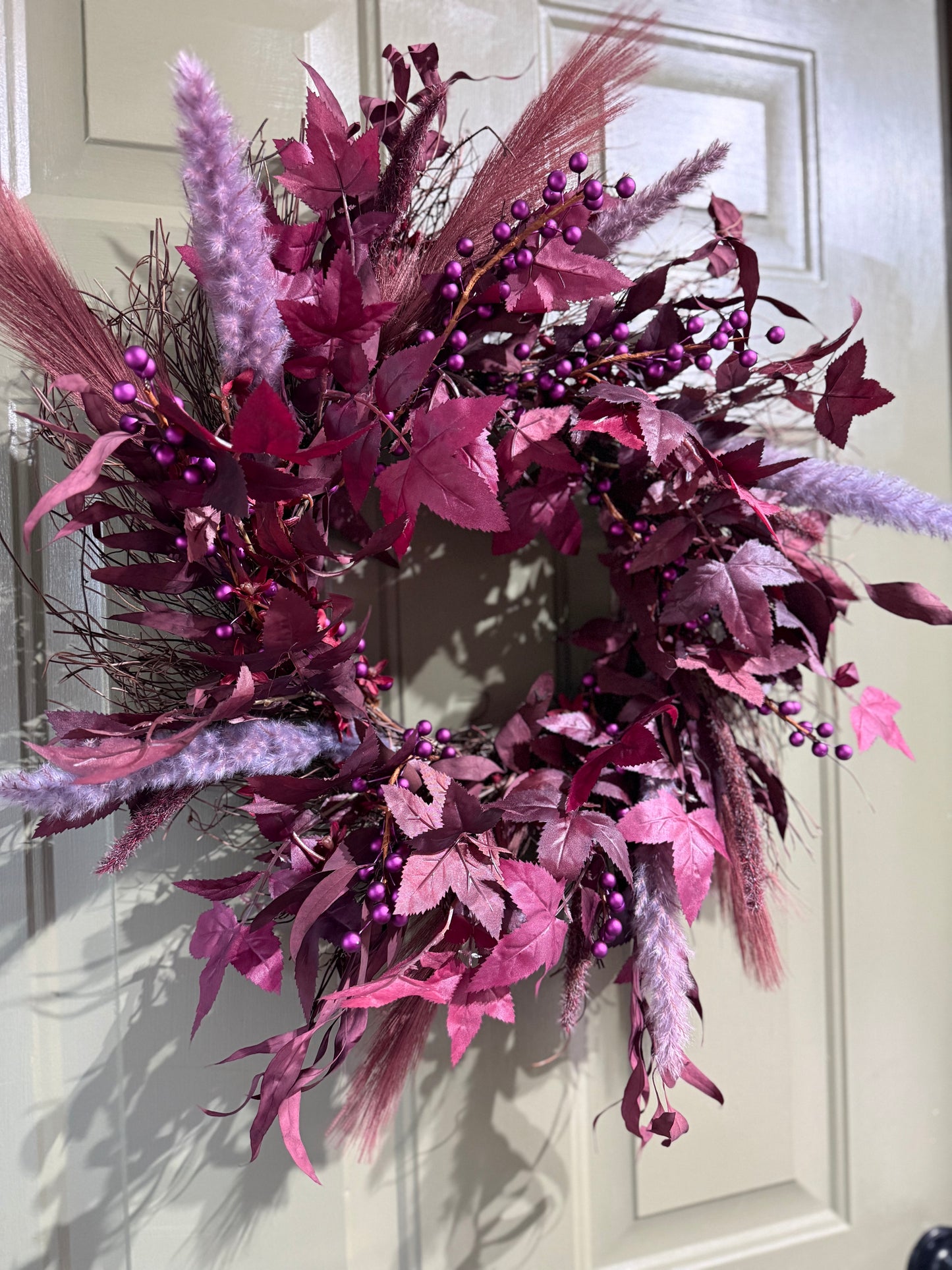 Boho Moody Fall Wreath with Burgundy Pampas, Purple Berries & Eucalyptus – 22”