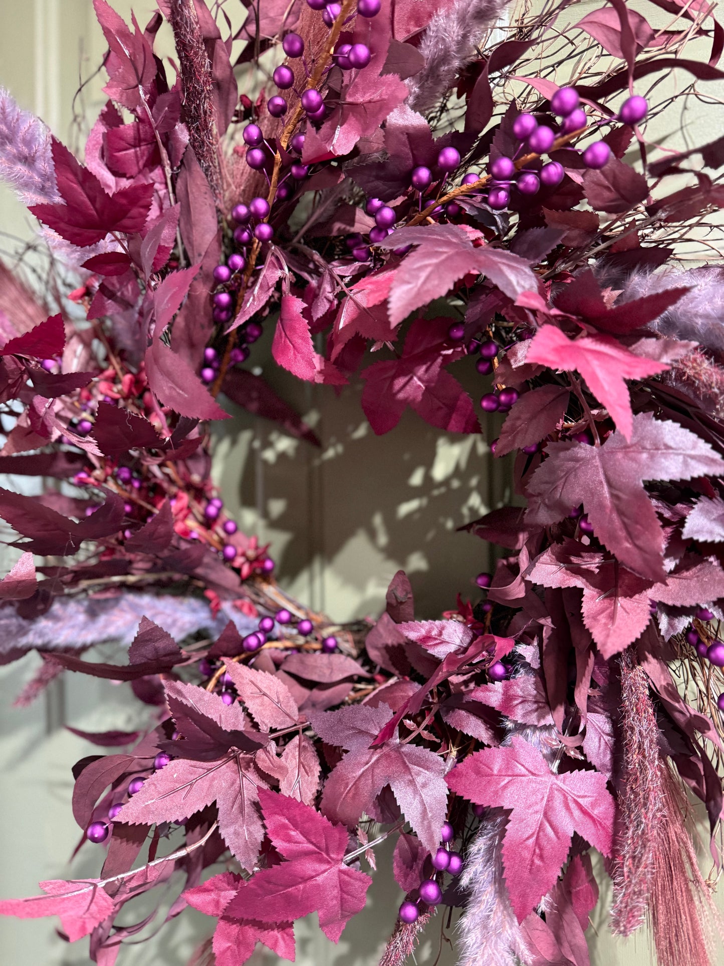 Boho Moody Fall Wreath with Burgundy Pampas, Purple Berries & Eucalyptus – 22”