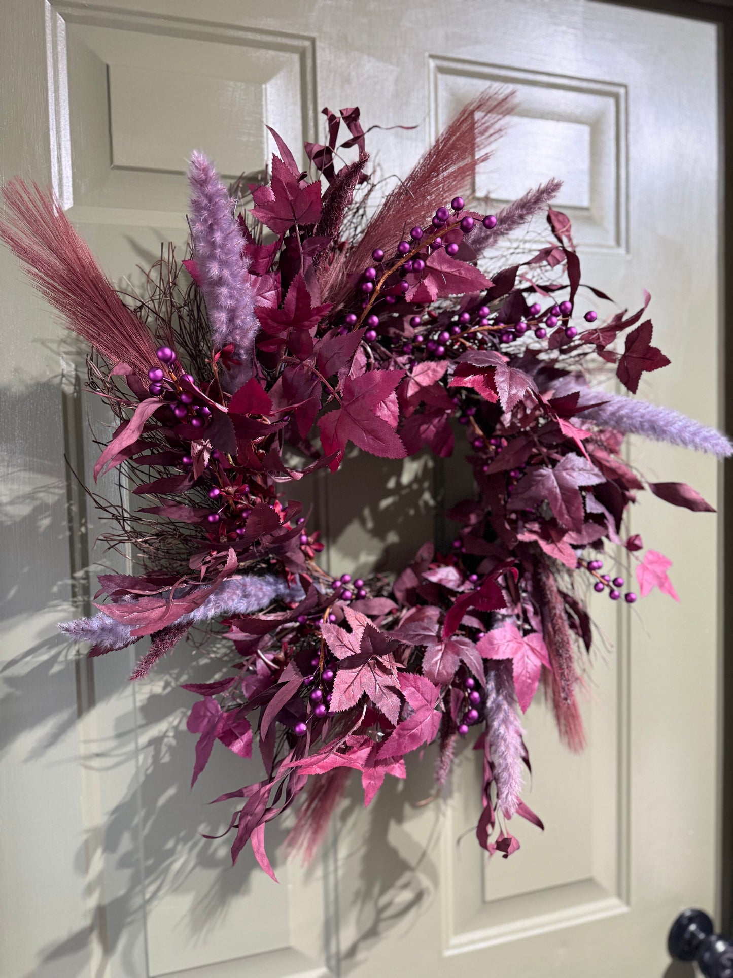 Boho Moody Fall Wreath with Burgundy Pampas, Purple Berries & Eucalyptus – 22”