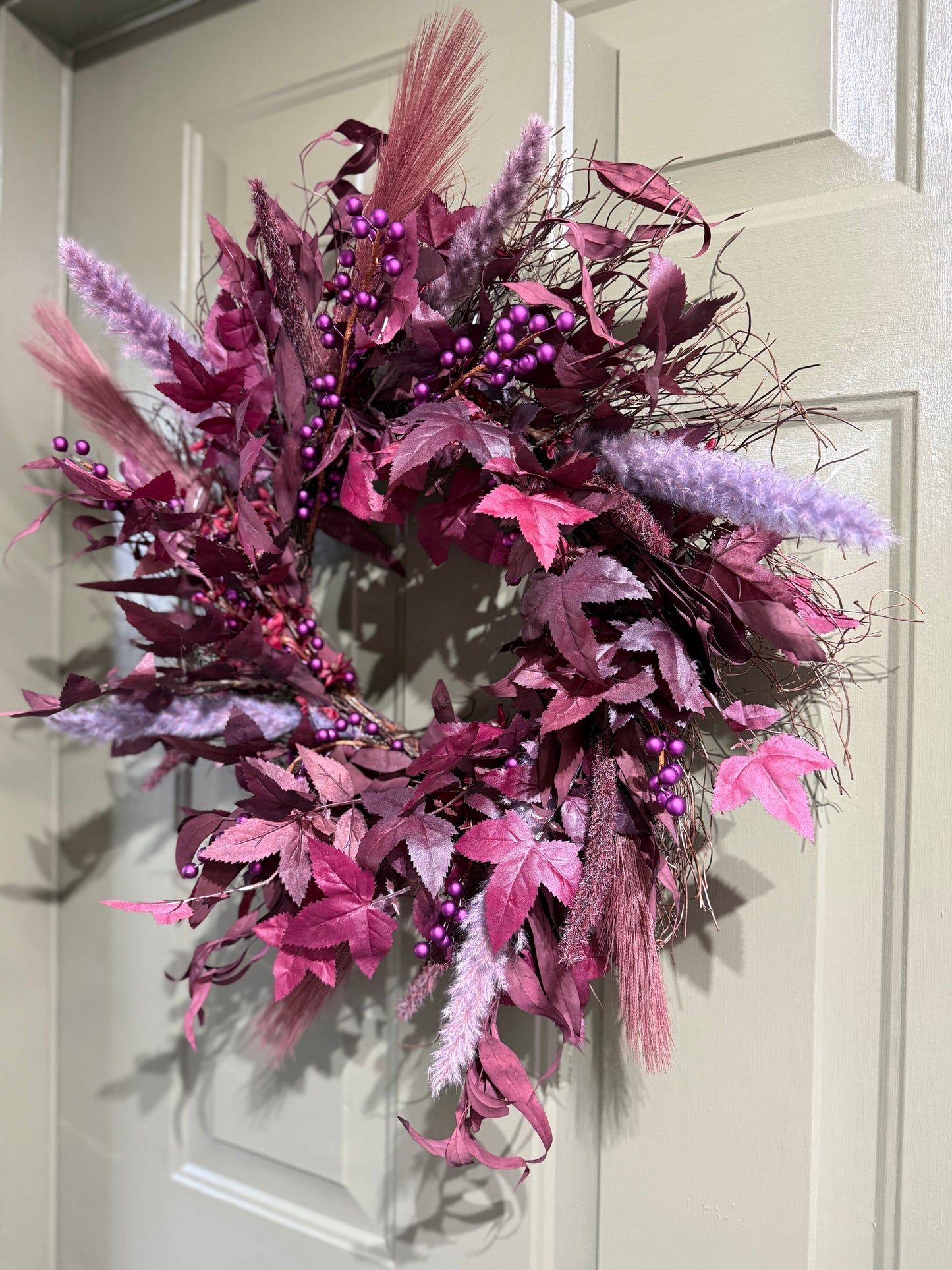 Boho Moody Fall Wreath with Burgundy Pampas, Purple Berries & Eucalyptus – 22”