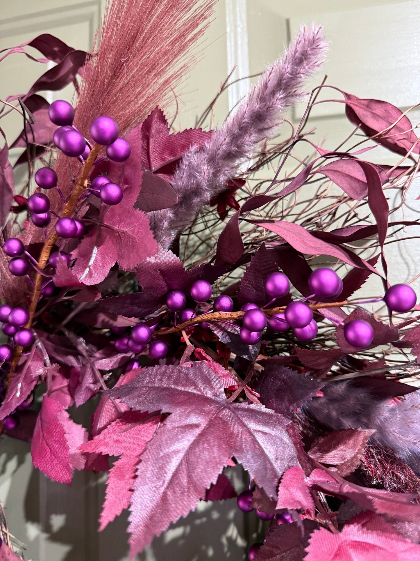 Boho Moody Fall Wreath with Burgundy Pampas, Purple Berries & Eucalyptus – 22”