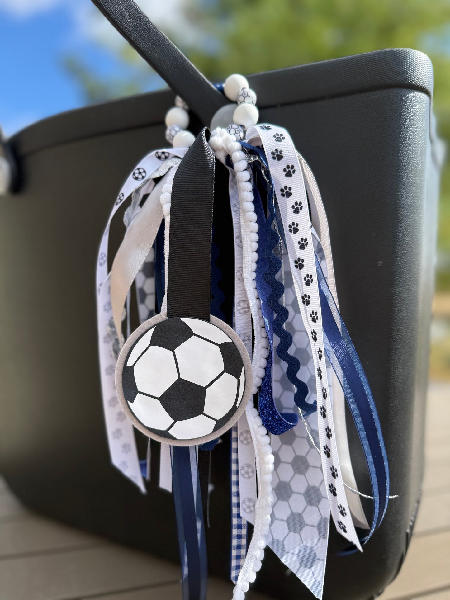 Soccer Bogg Bag Charm — Blue, Black, White, and Silver Ribbon Chain with Wood Beads
