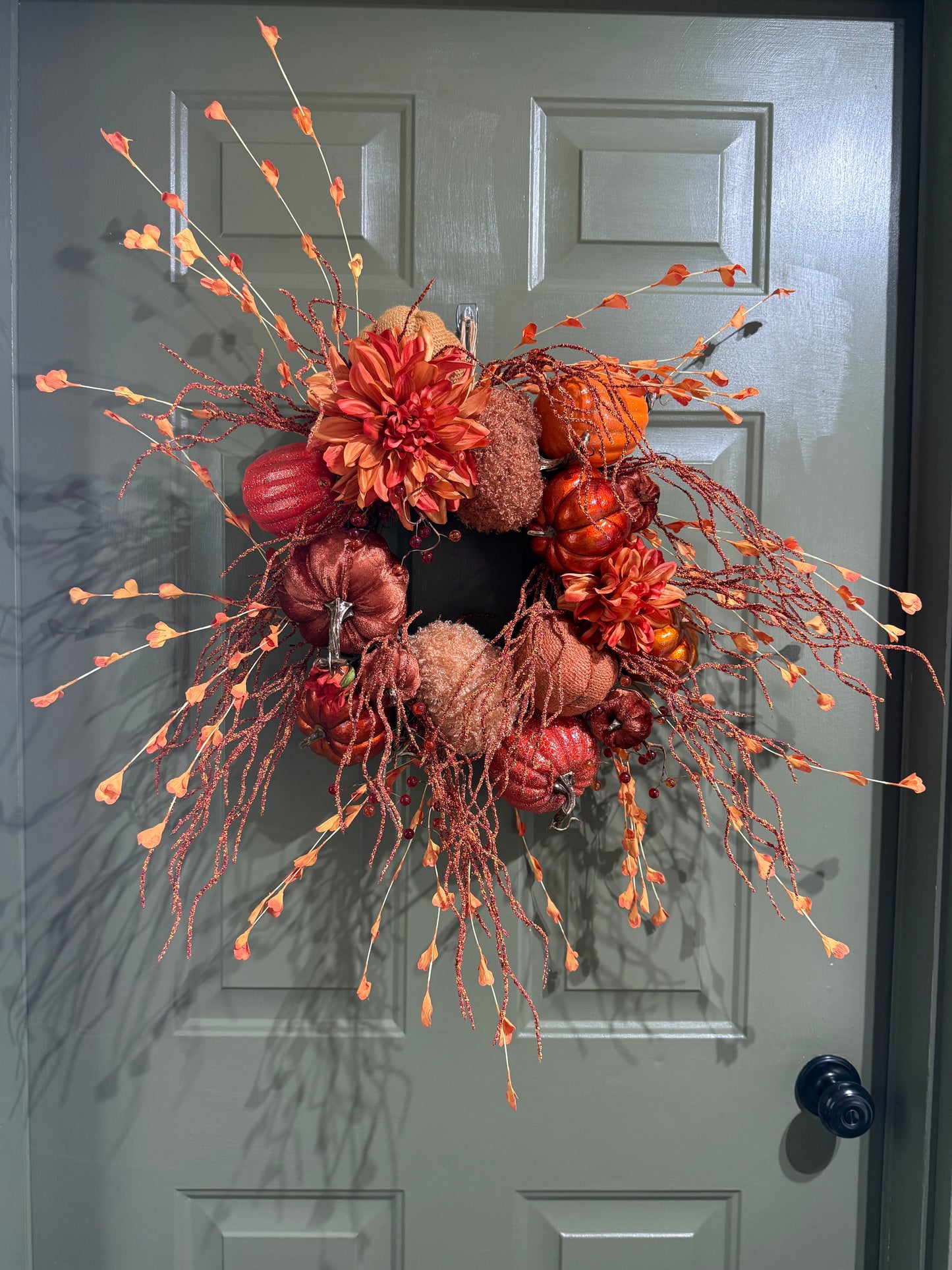 Rustic Orange Pumpkin Fall Wreath with Faux Florals