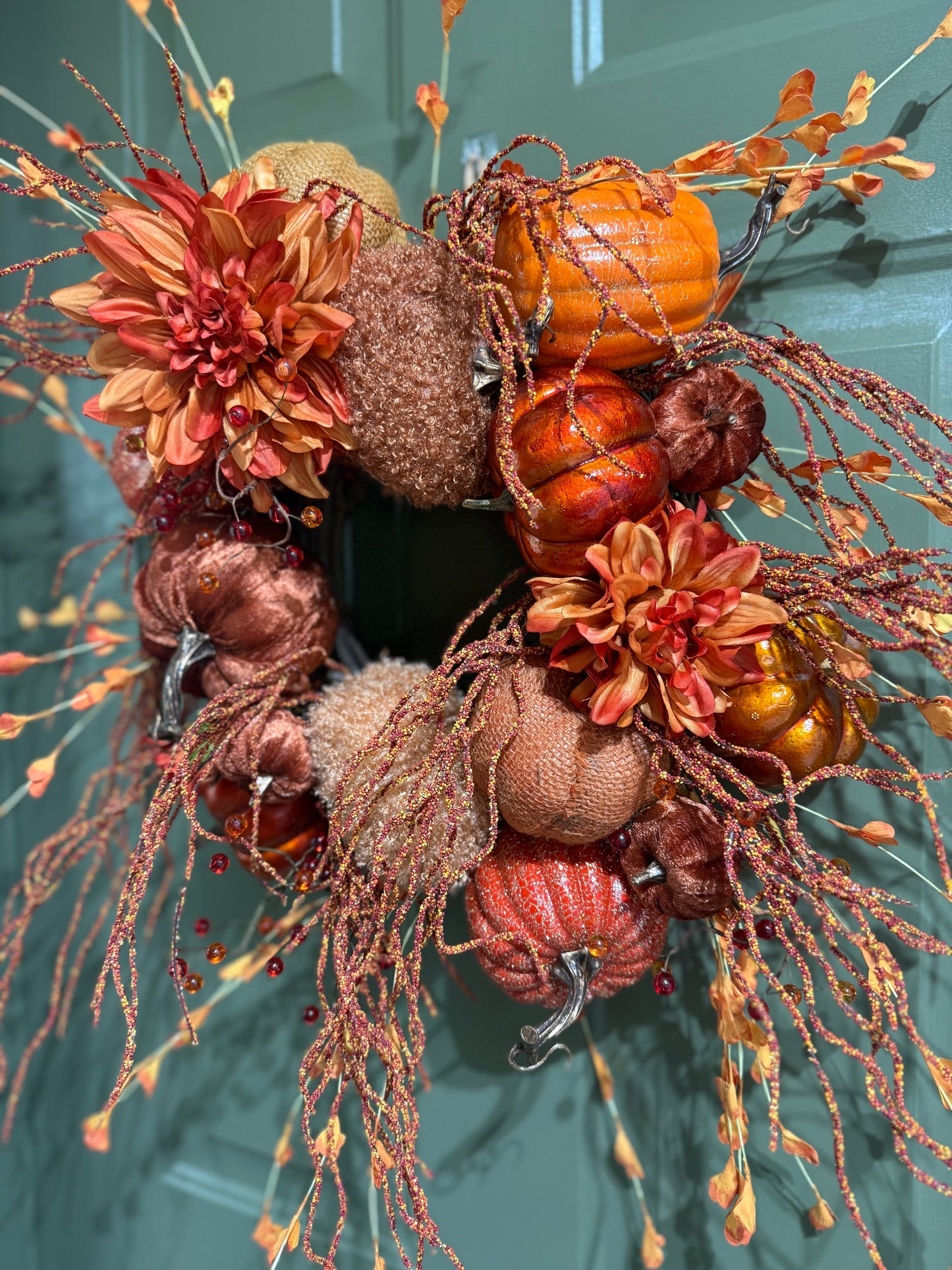 Rustic Orange Pumpkin Fall Wreath with Faux Florals