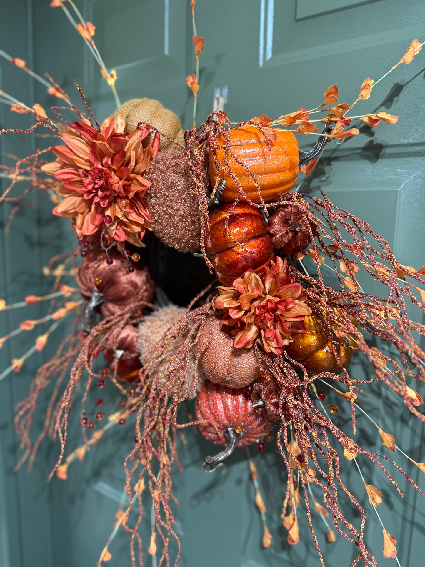 Rustic Orange Pumpkin Fall Wreath with Faux Florals