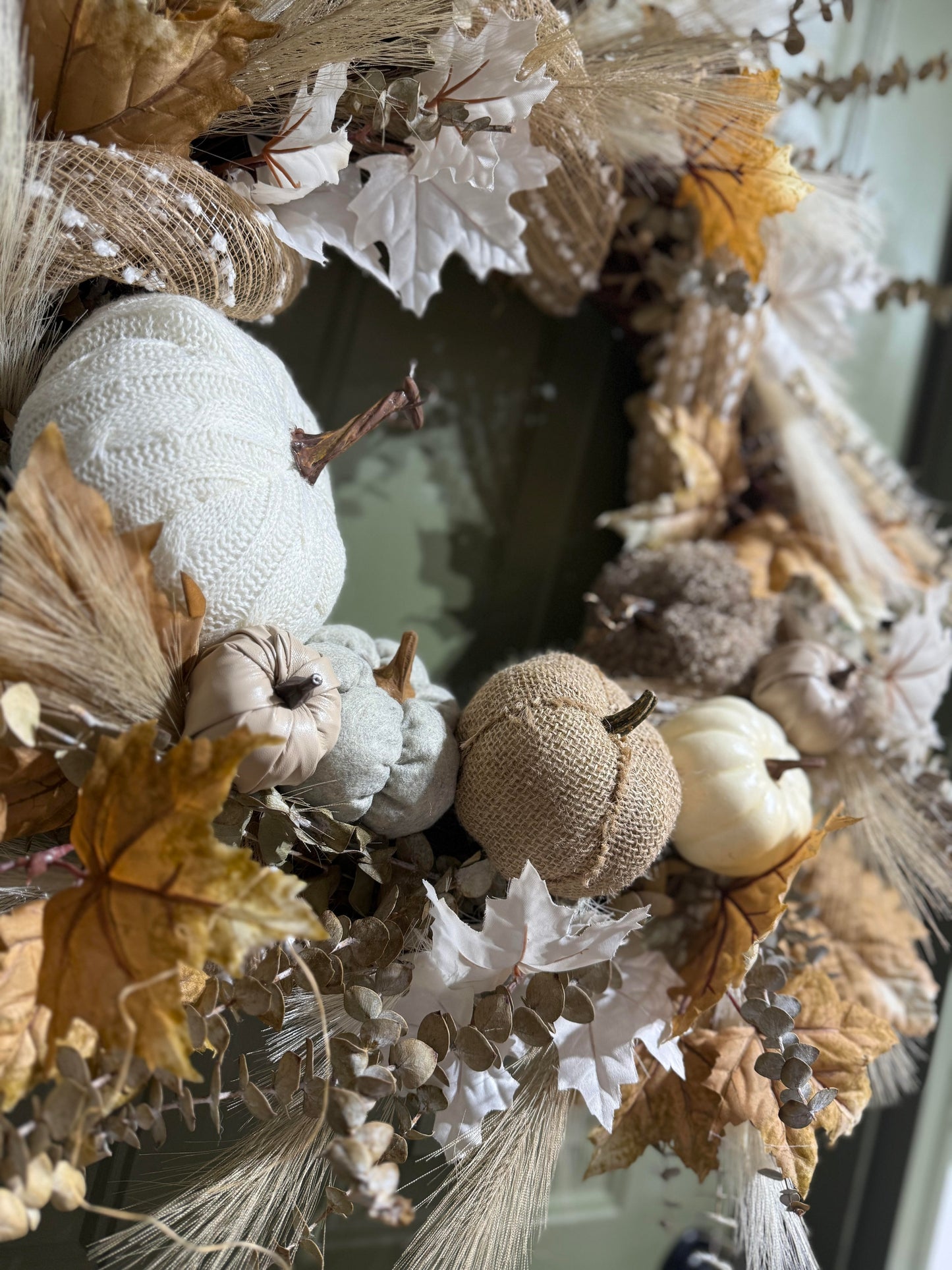 Large White Pumpkin Fall Wreath with Burlap and Eucalyptus