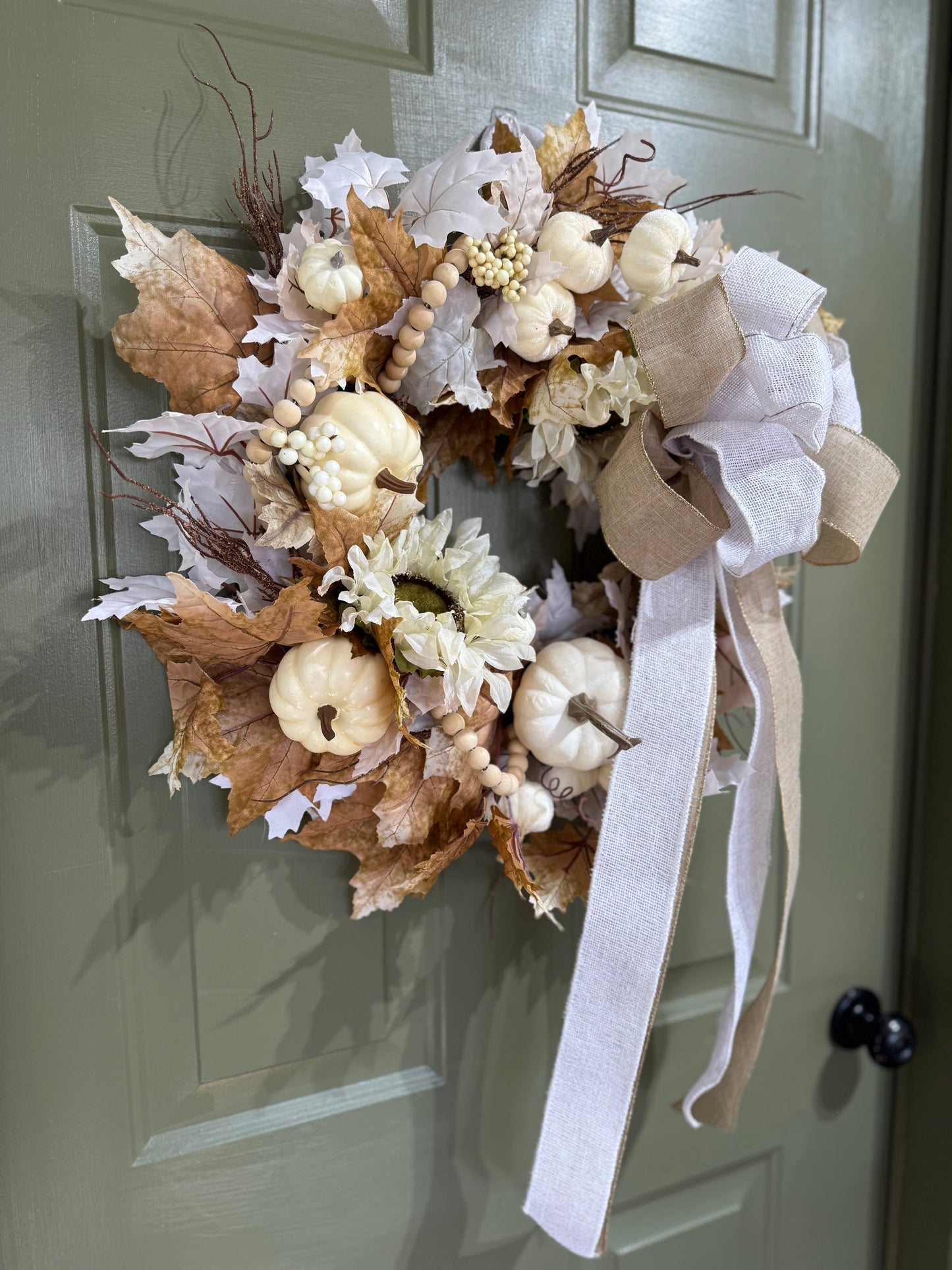 White Pumpkin & Sunflower Fall Wreath with Burlap and Beads