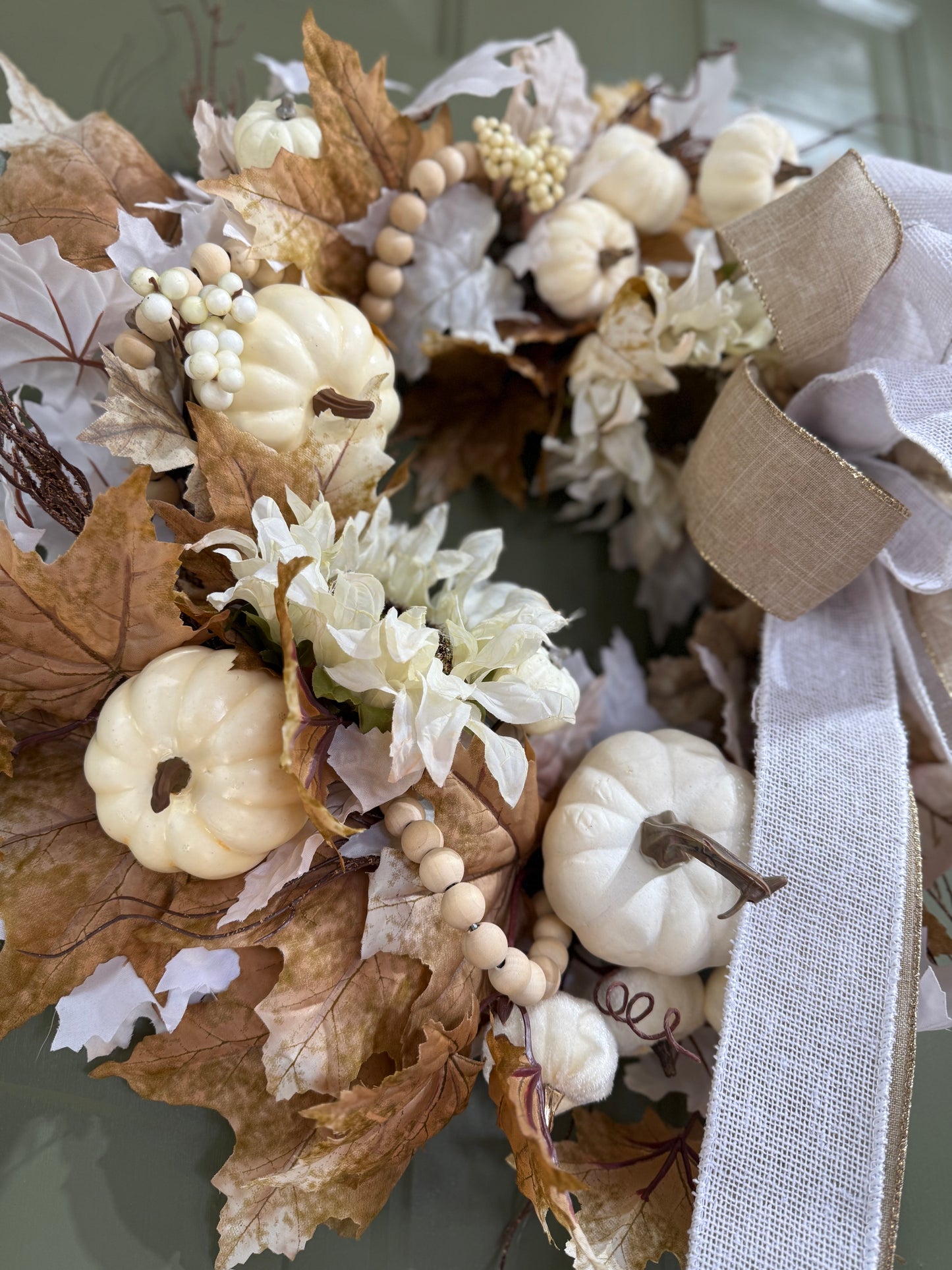White Pumpkin & Sunflower Fall Wreath with Burlap and Beads