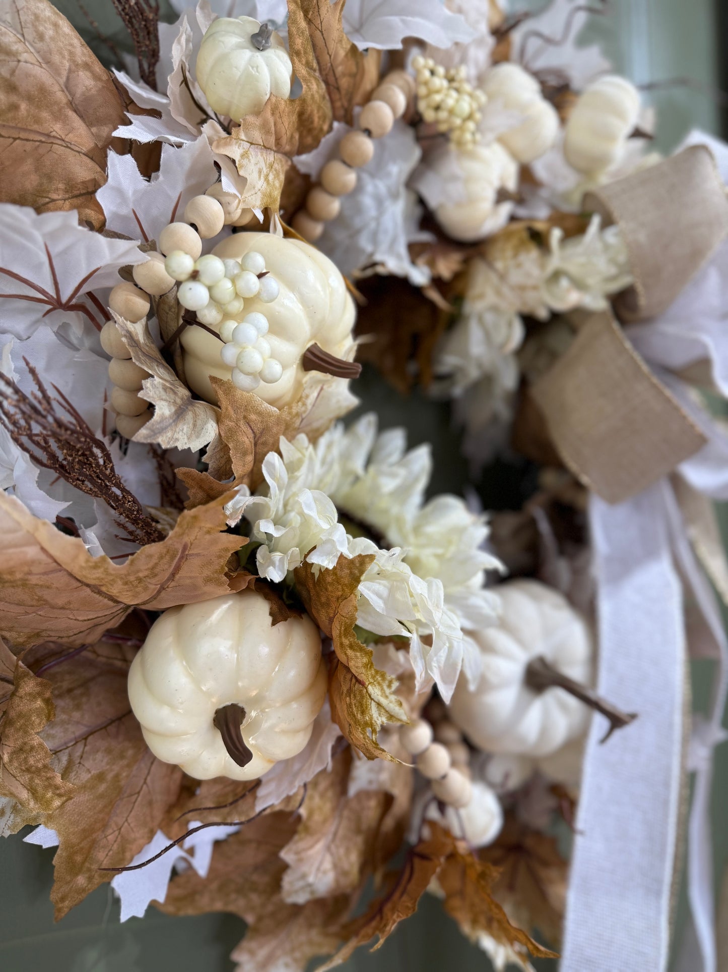 White Pumpkin & Sunflower Fall Wreath with Burlap and Beads