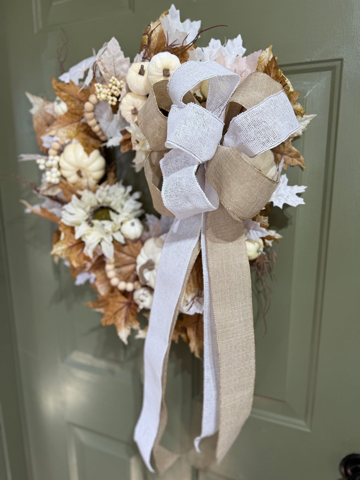 White Pumpkin & Sunflower Fall Wreath with Burlap and Beads