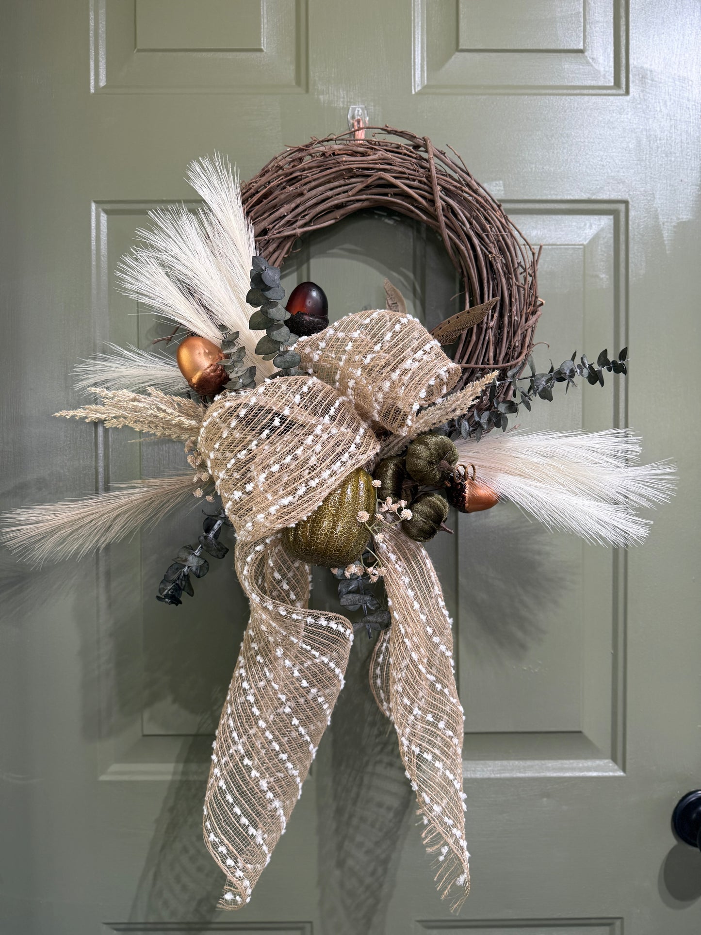 Neutral Farmhouse Fall Wreath with Tan and White Accents