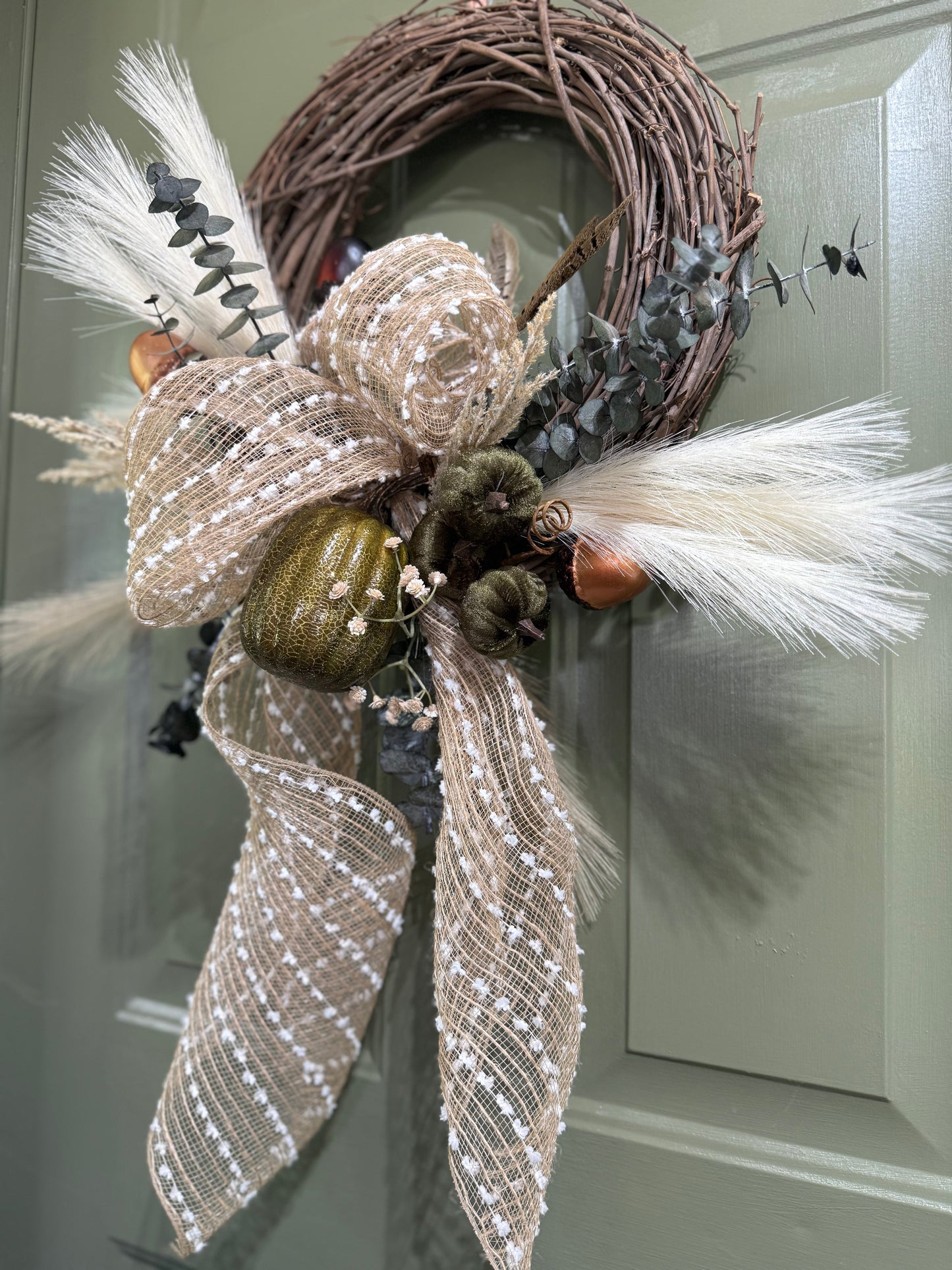 Neutral Farmhouse Fall Wreath with Tan and White Accents