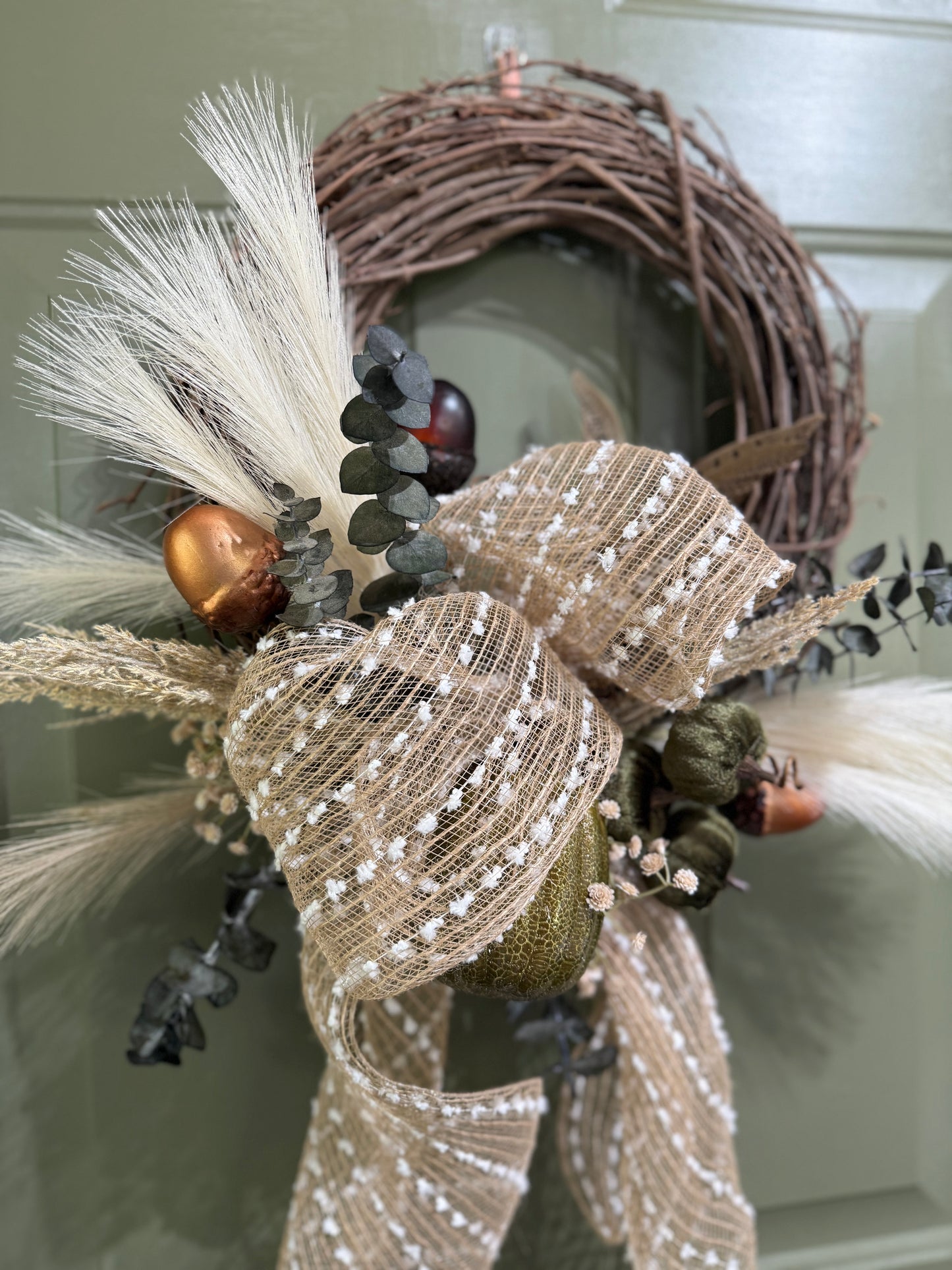 Neutral Farmhouse Fall Wreath with Tan and White Accents