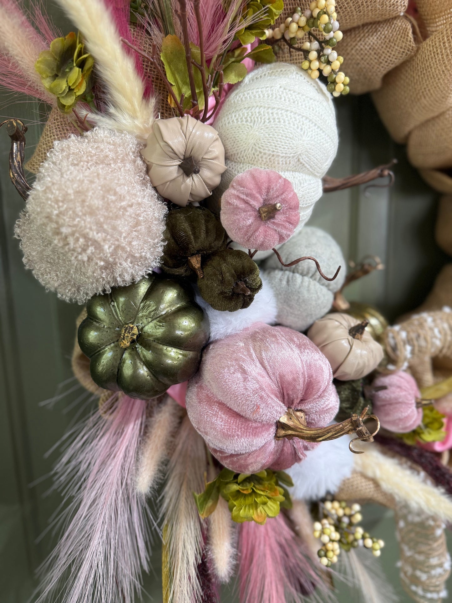 Pink Pumpkin Autumn Wreath with Burlap & Moss Green