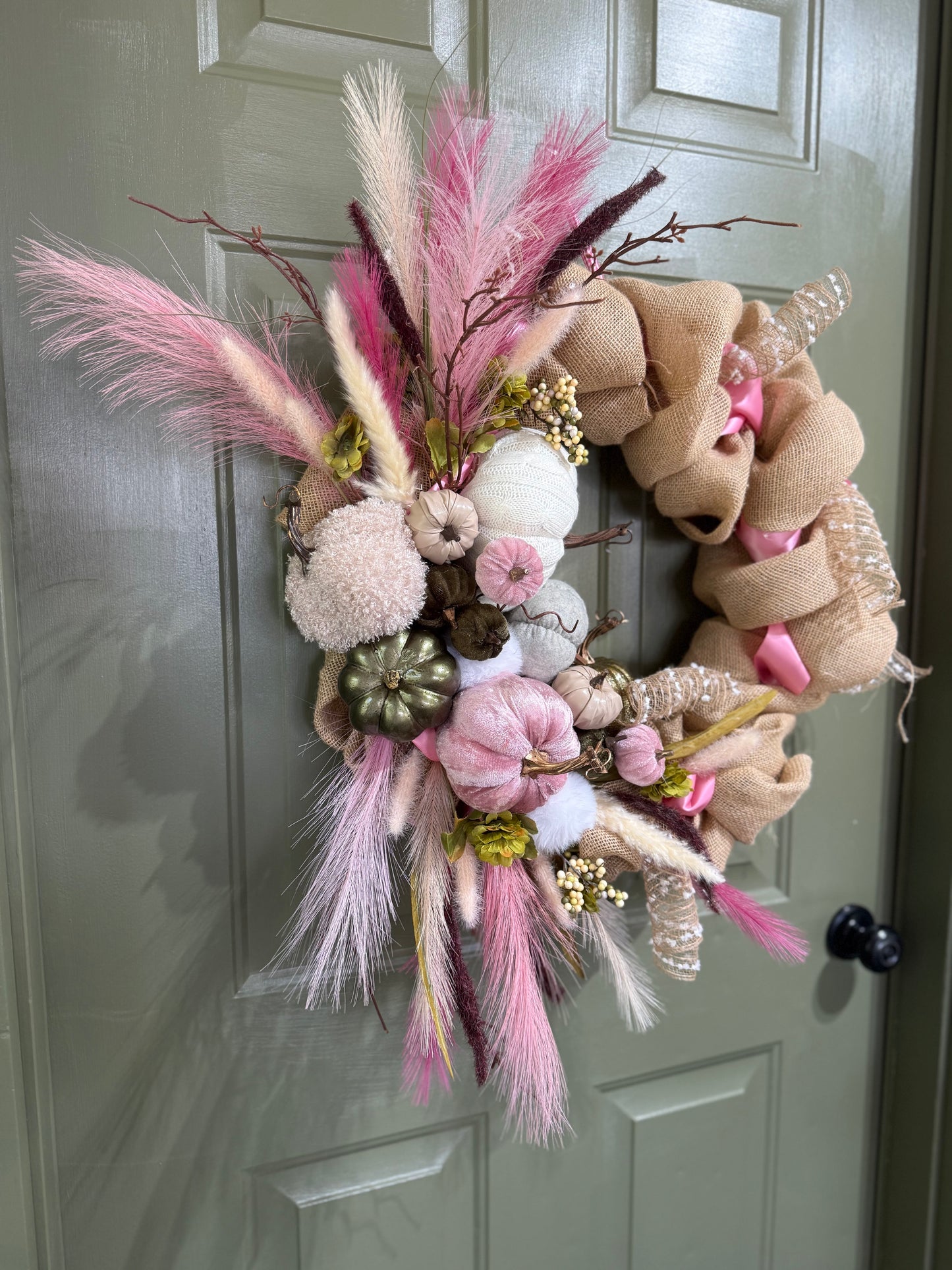 Pink Pumpkin Autumn Wreath with Burlap & Moss Green
