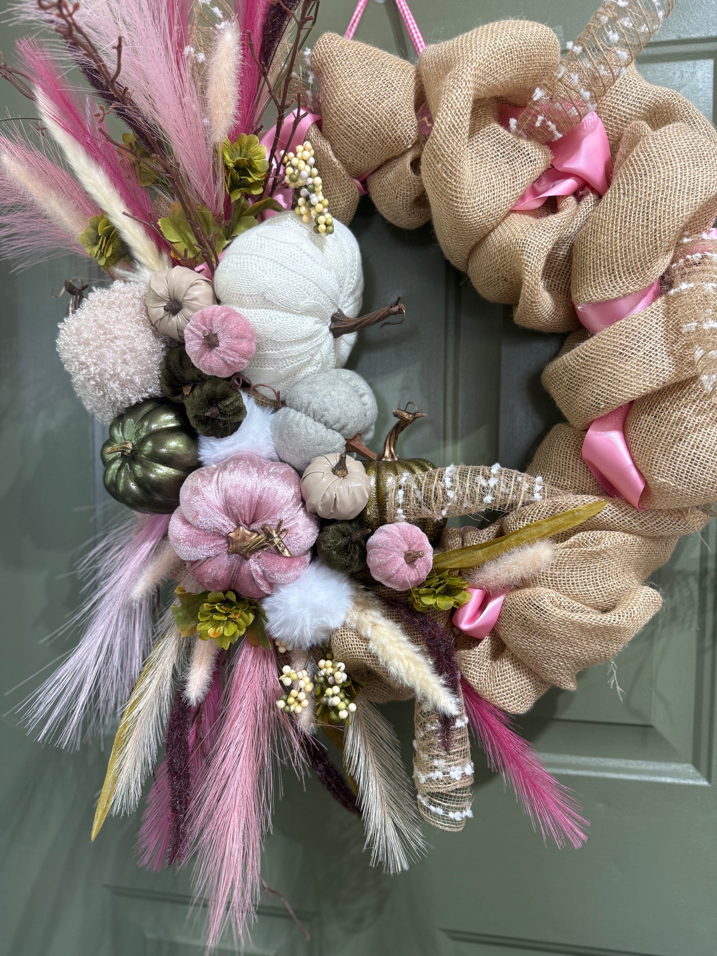Pink Pumpkin Autumn Wreath with Burlap & Moss Green