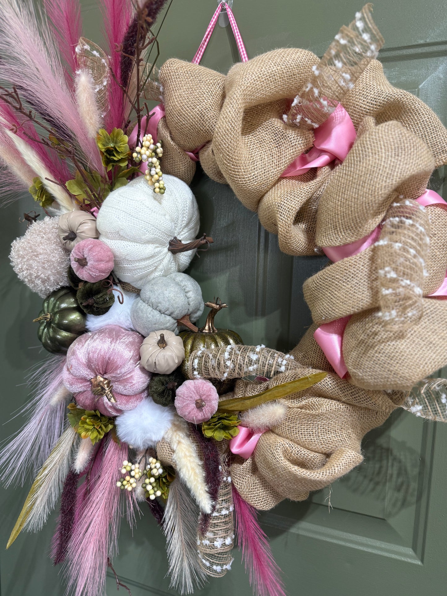 Pink Pumpkin Autumn Wreath with Burlap & Moss Green