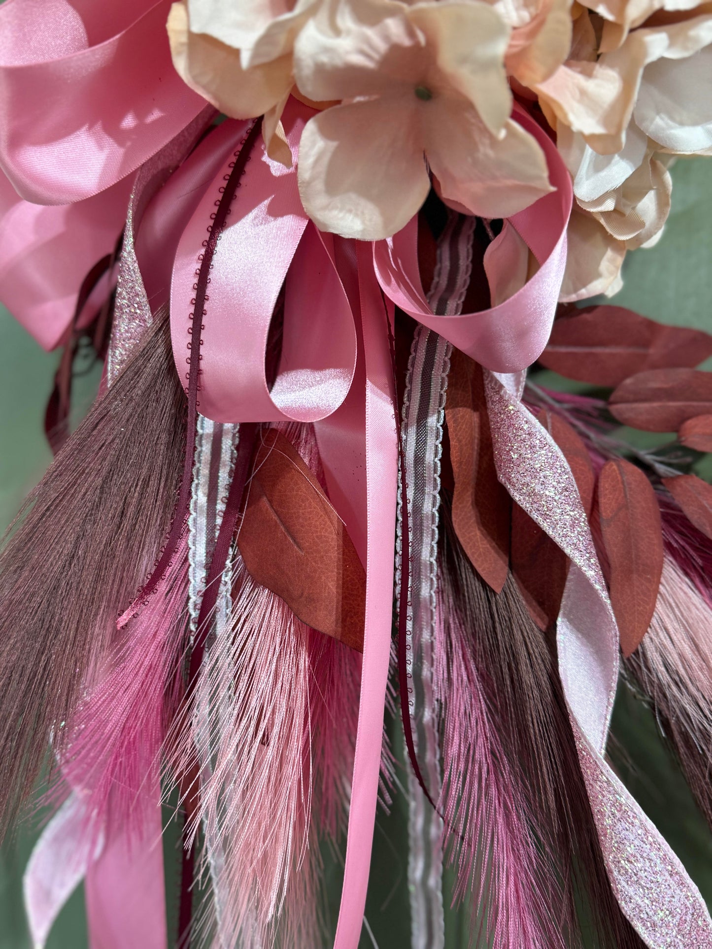 Pink & Burgundy Fall Wreath with Hydrangeas, Pampas Grass & Layered Bows