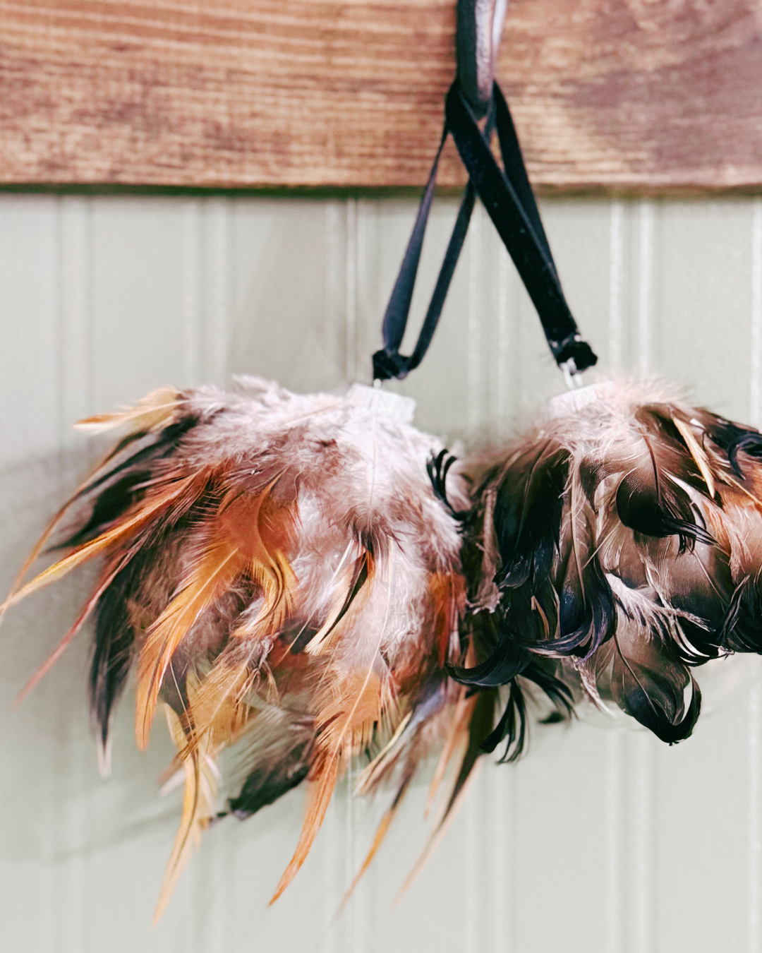 Black Saddle Hackle Feather Ornament with Velvet Ribbon