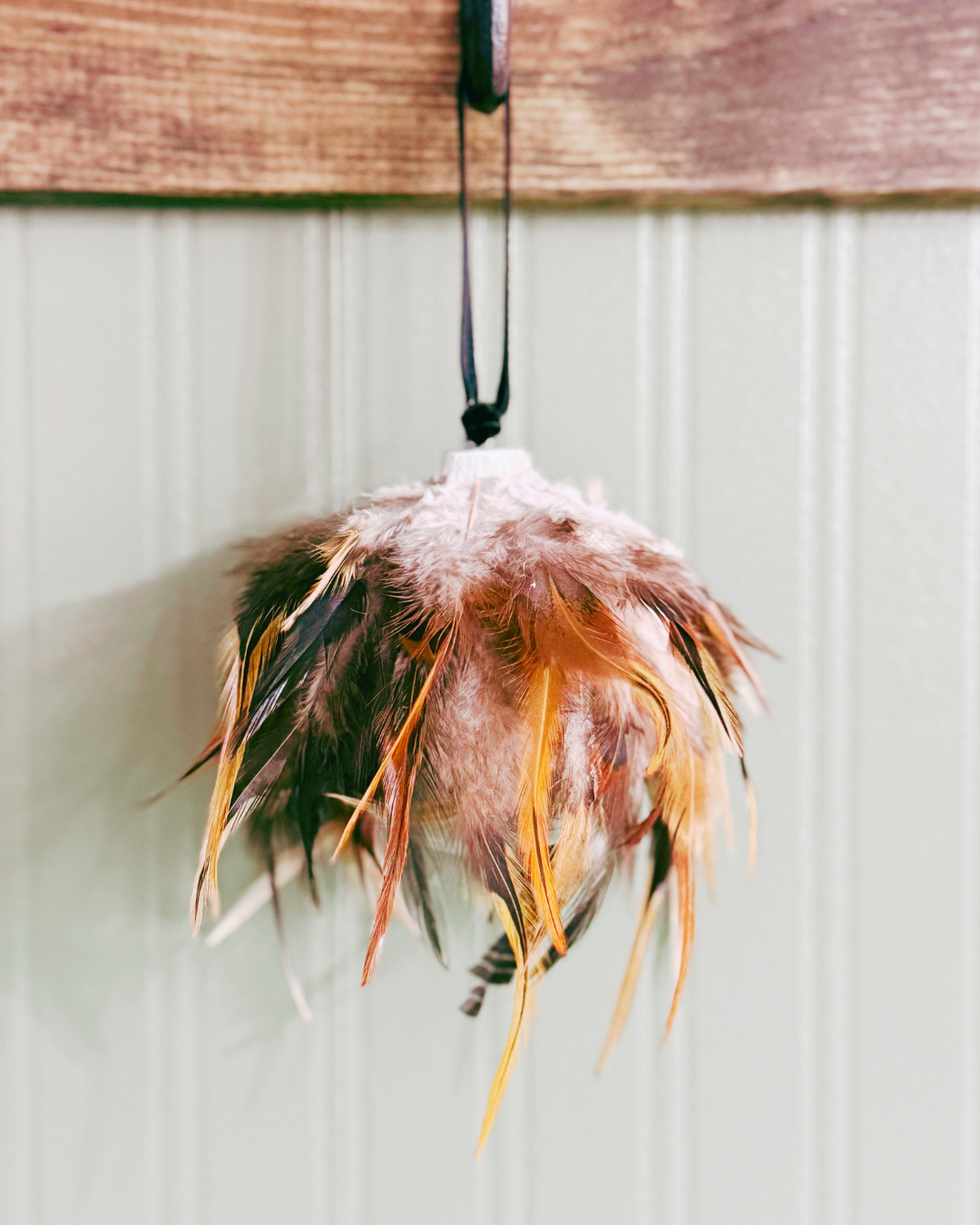 Black Saddle Hackle Feather Ornament with Velvet Ribbon