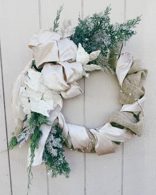 Pearl Poinsettias & Cashmere Bow Wreath
