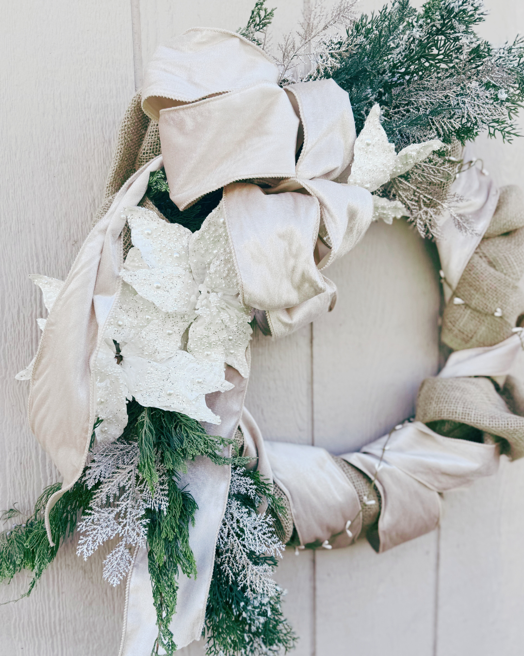 Pearl Poinsettias & Cashmere Bow Wreath