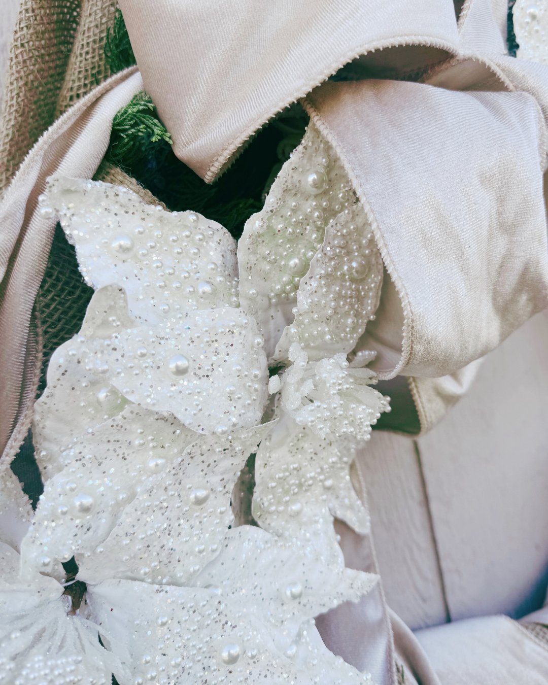 Pearl Poinsettias & Cashmere Bow Wreath
