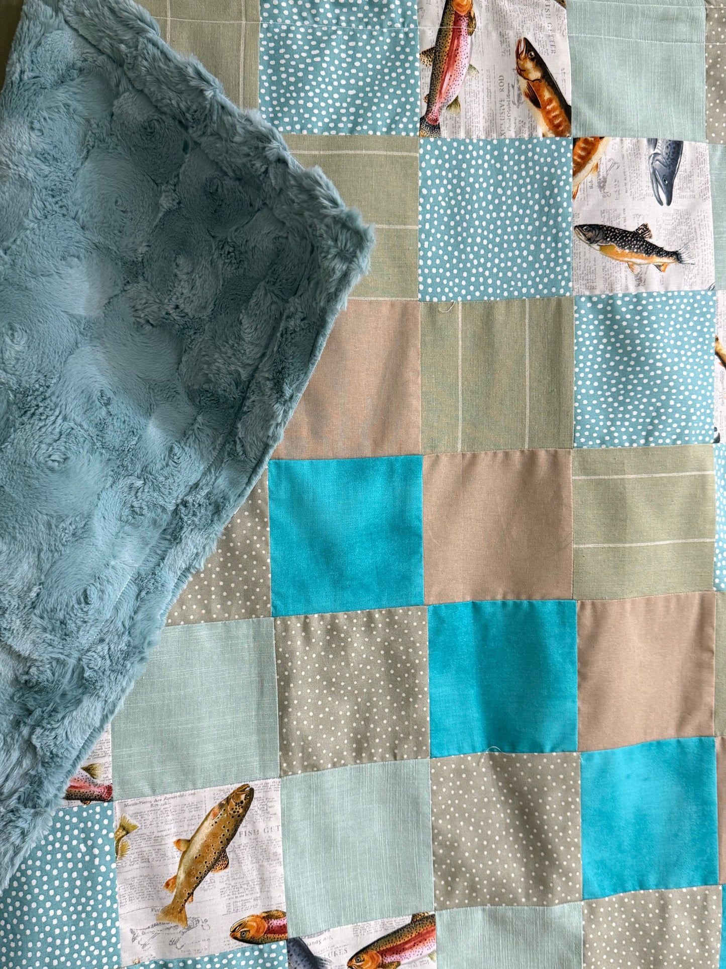 Fishers of Men Children's Quilt – Matthew 4:19 – Bible Story Quilt – Earth Tones & Teal – Soft Fleece Backing – Christian Baby Gift