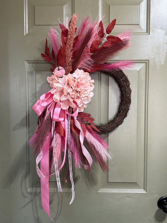 Pink & Burgundy Fall Wreath with Hydrangeas, Pampas Grass & Layered Bows