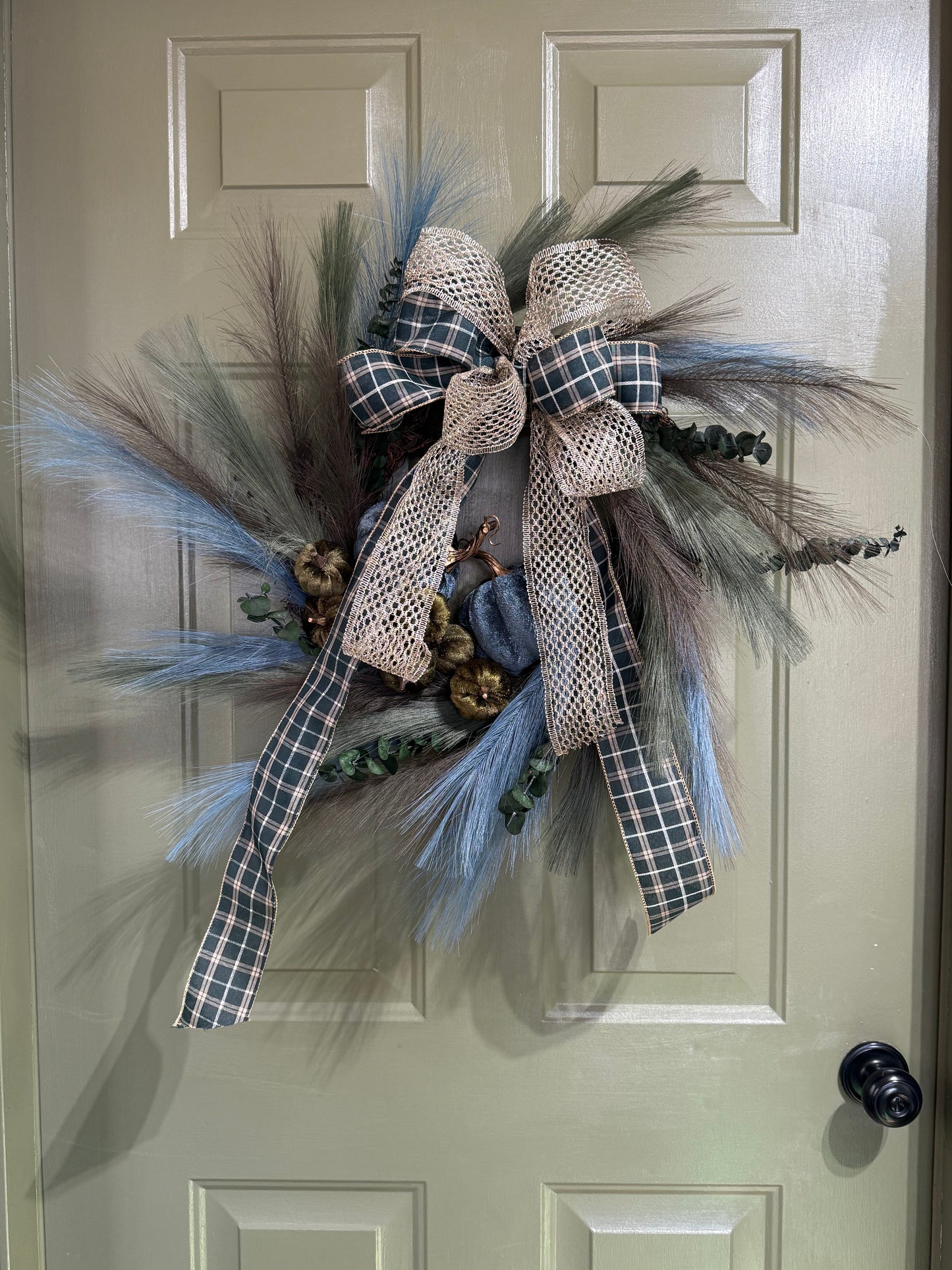 Dark Teal & Green Thanksgiving Wreath with Pumpkins, Eucalyptus & Plaid Bow