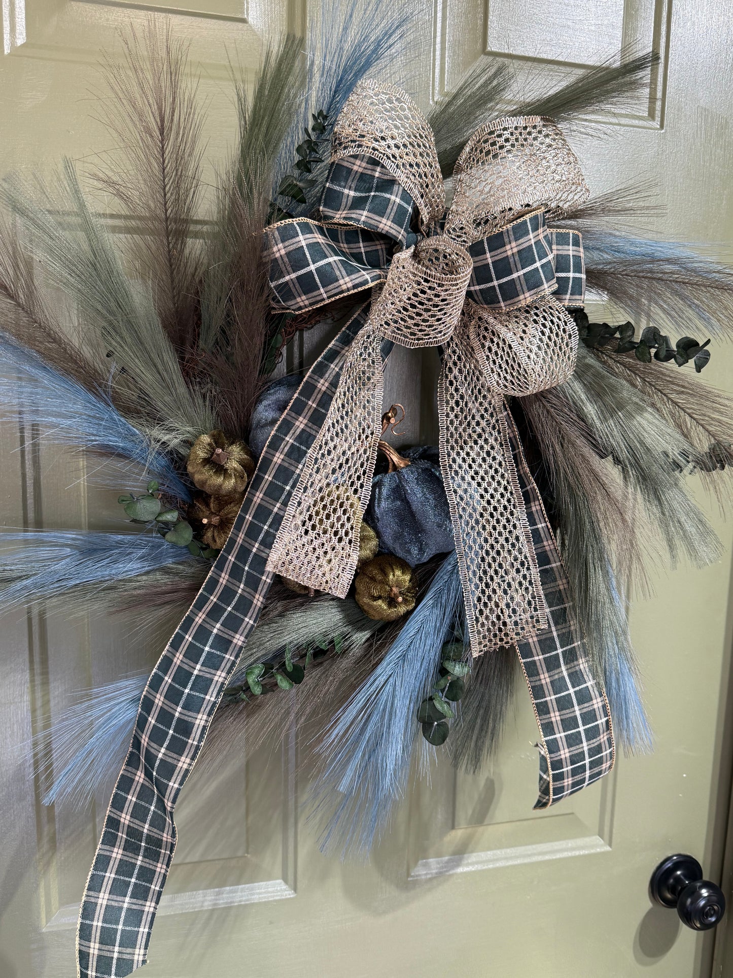 Dark Teal & Green Thanksgiving Wreath with Pumpkins, Eucalyptus & Plaid Bow