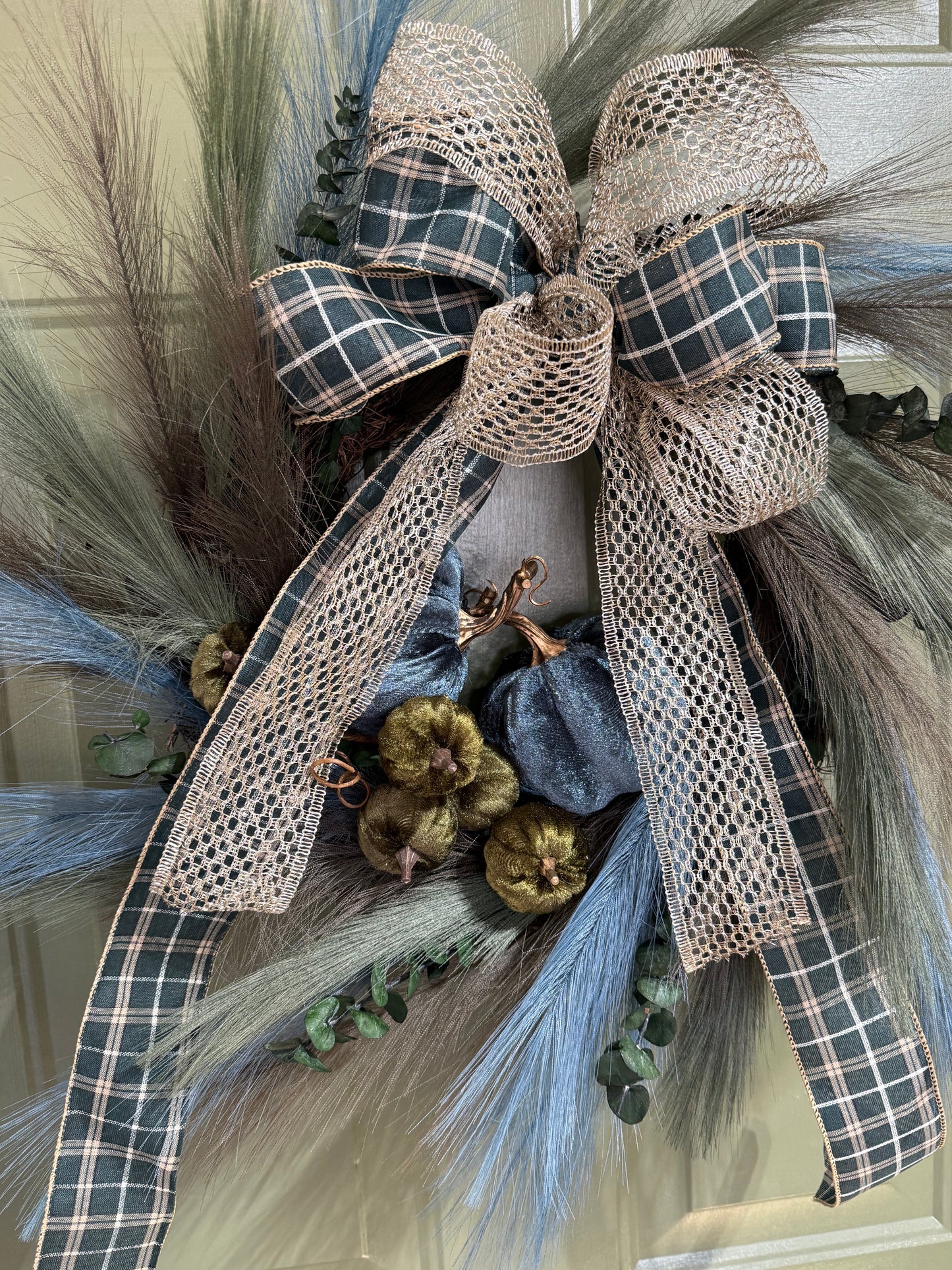 Dark Teal & Green Thanksgiving Wreath with Pumpkins, Eucalyptus & Plaid Bow
