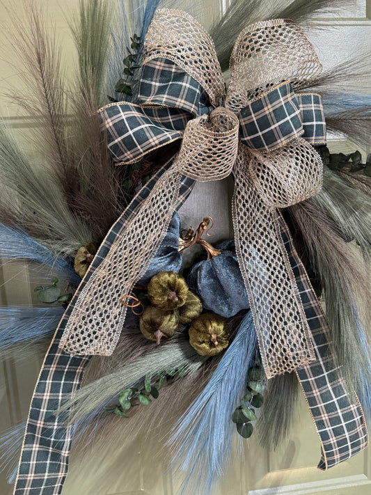 Dark Teal & Green Thanksgiving Wreath with Pumpkins, Eucalyptus & Plaid Bow