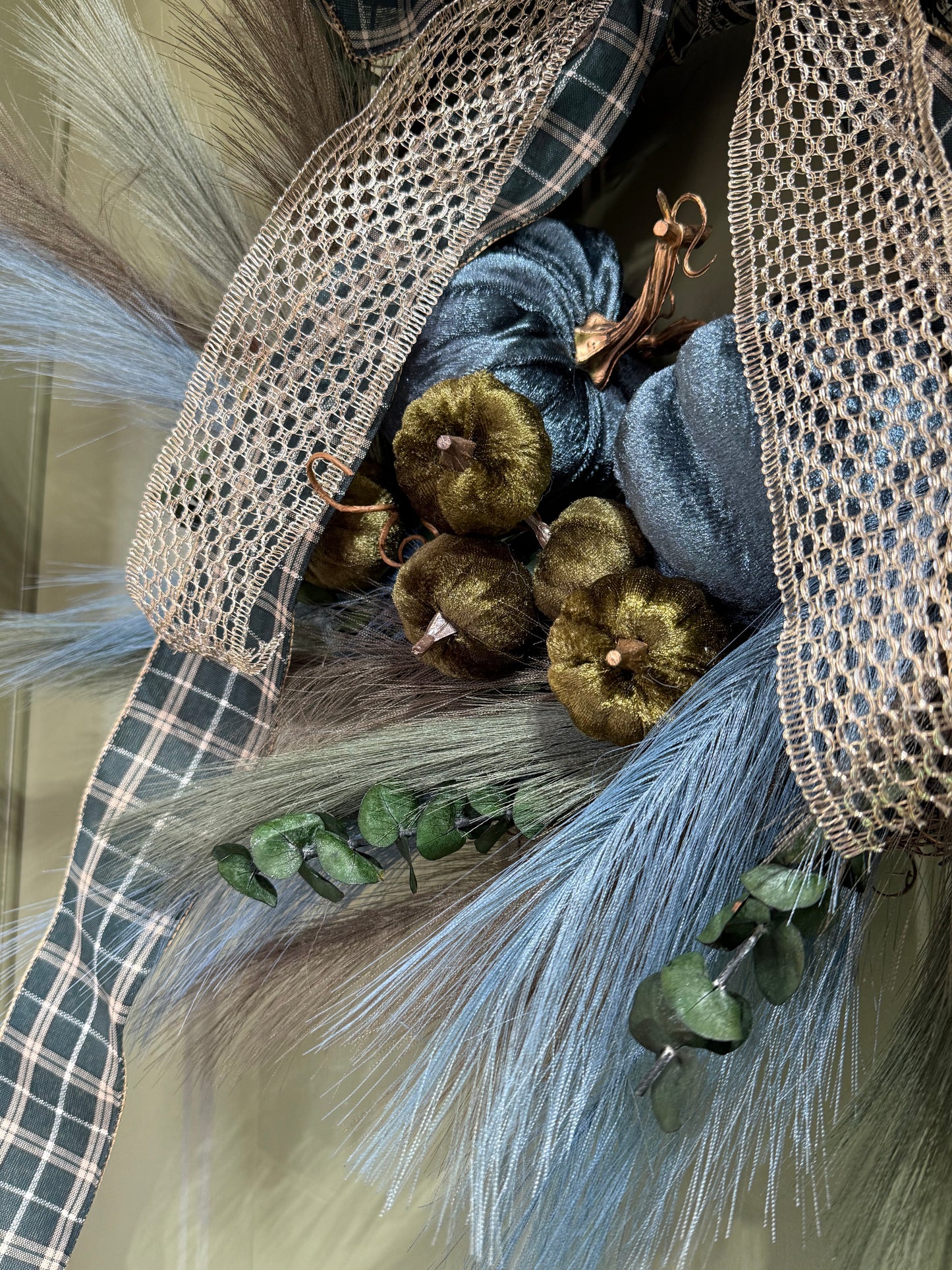 Dark Teal & Green Thanksgiving Wreath with Pumpkins, Eucalyptus & Plaid Bow