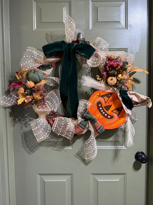 Vintage Scarecrow Fall Wreath with Velvet Bow, Pumpkins & Rustic Plaid