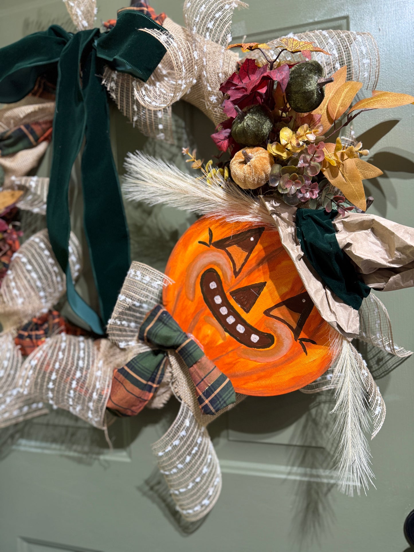 Vintage Scarecrow Fall Wreath with Velvet Bow, Pumpkins & Rustic Plaid