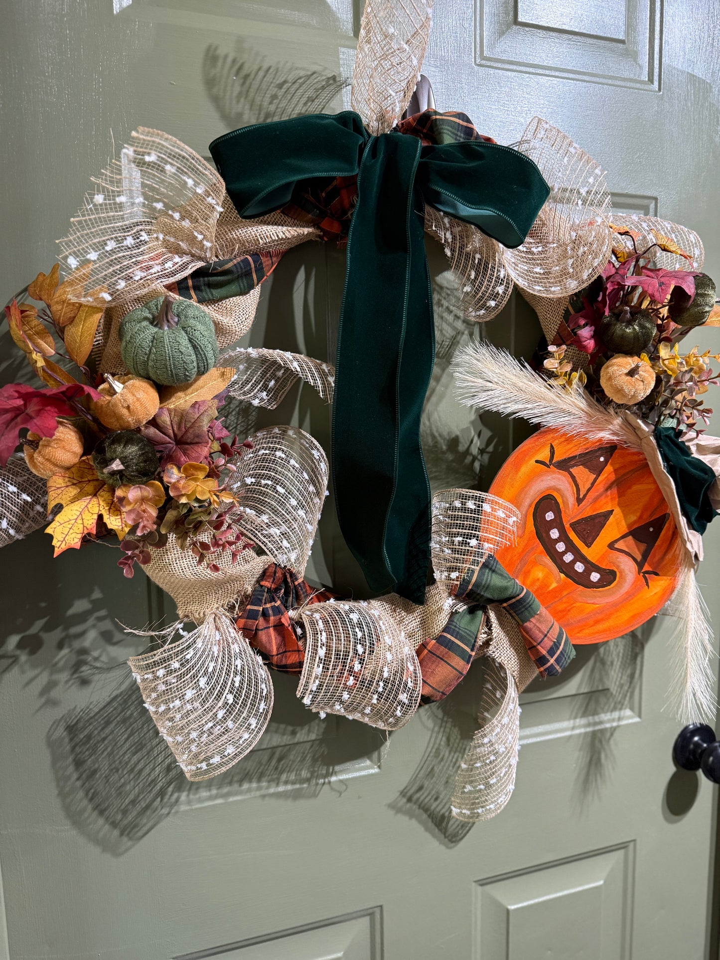 Vintage Scarecrow Fall Wreath with Velvet Bow, Pumpkins & Rustic Plaid