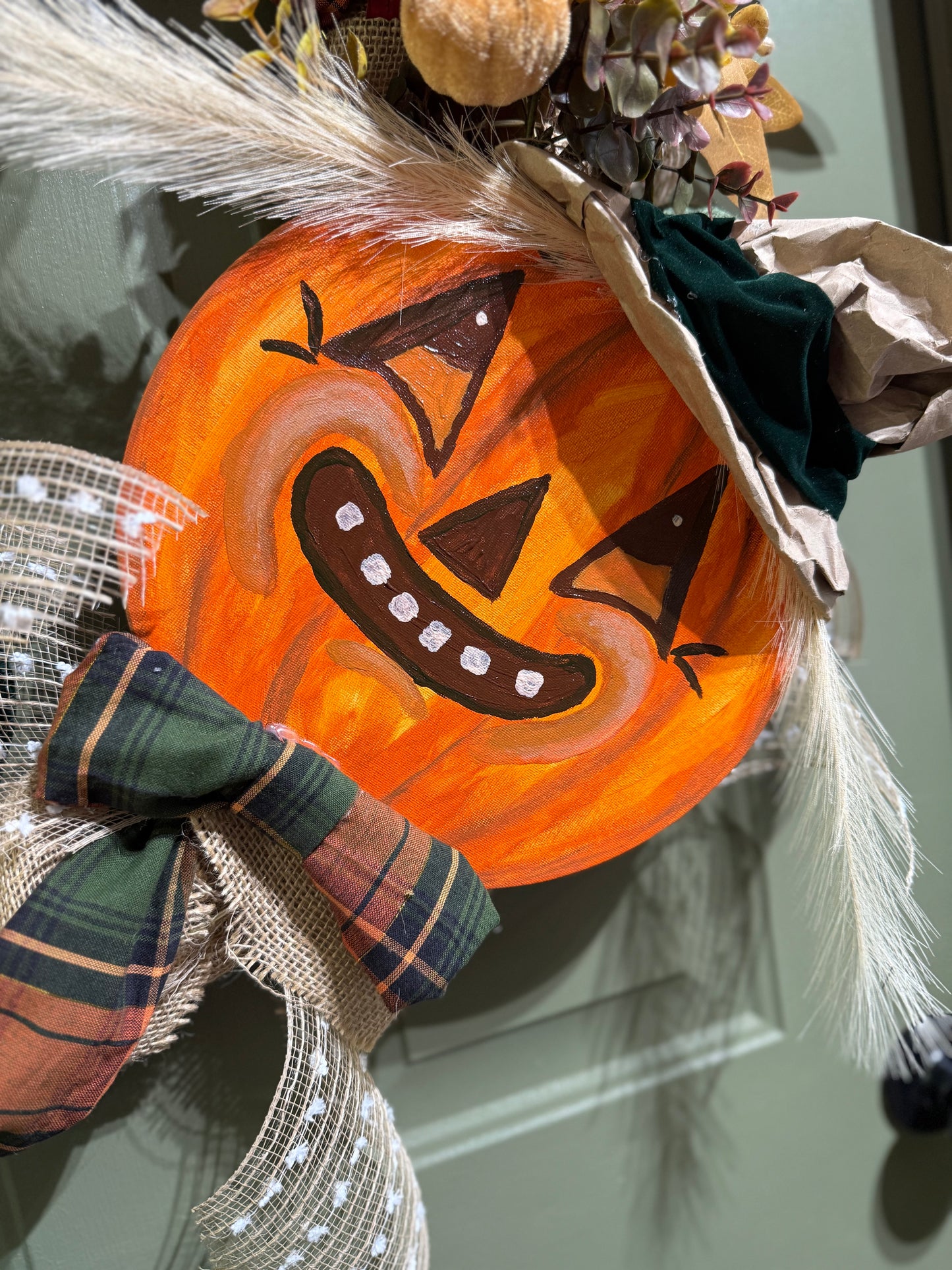 Vintage Scarecrow Fall Wreath with Velvet Bow, Pumpkins & Rustic Plaid