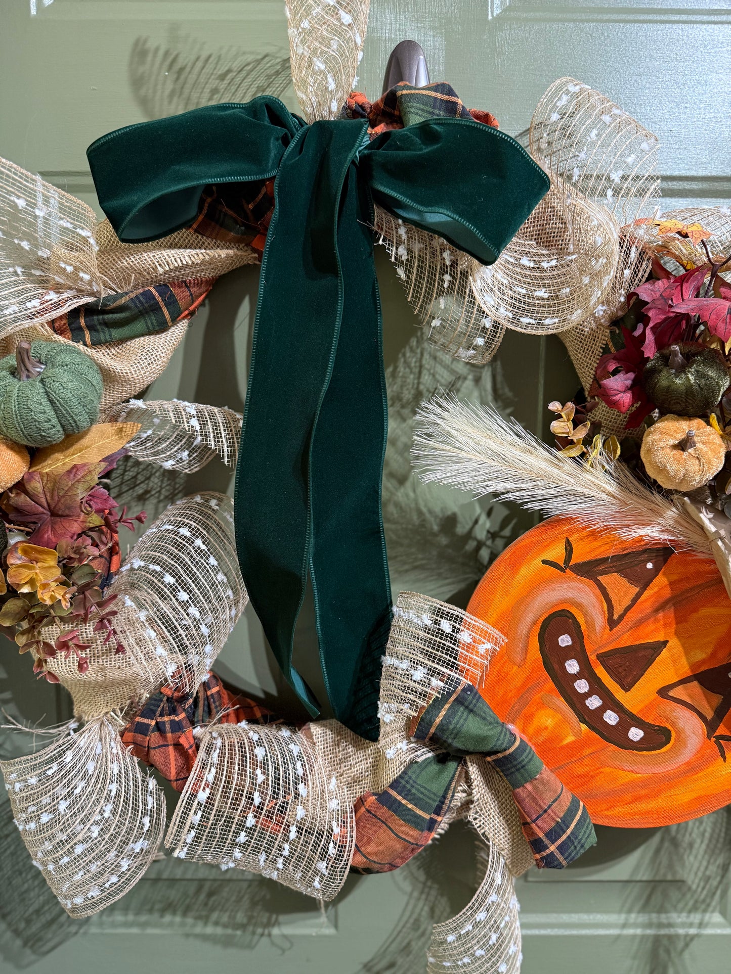 Vintage Scarecrow Fall Wreath with Velvet Bow, Pumpkins & Rustic Plaid