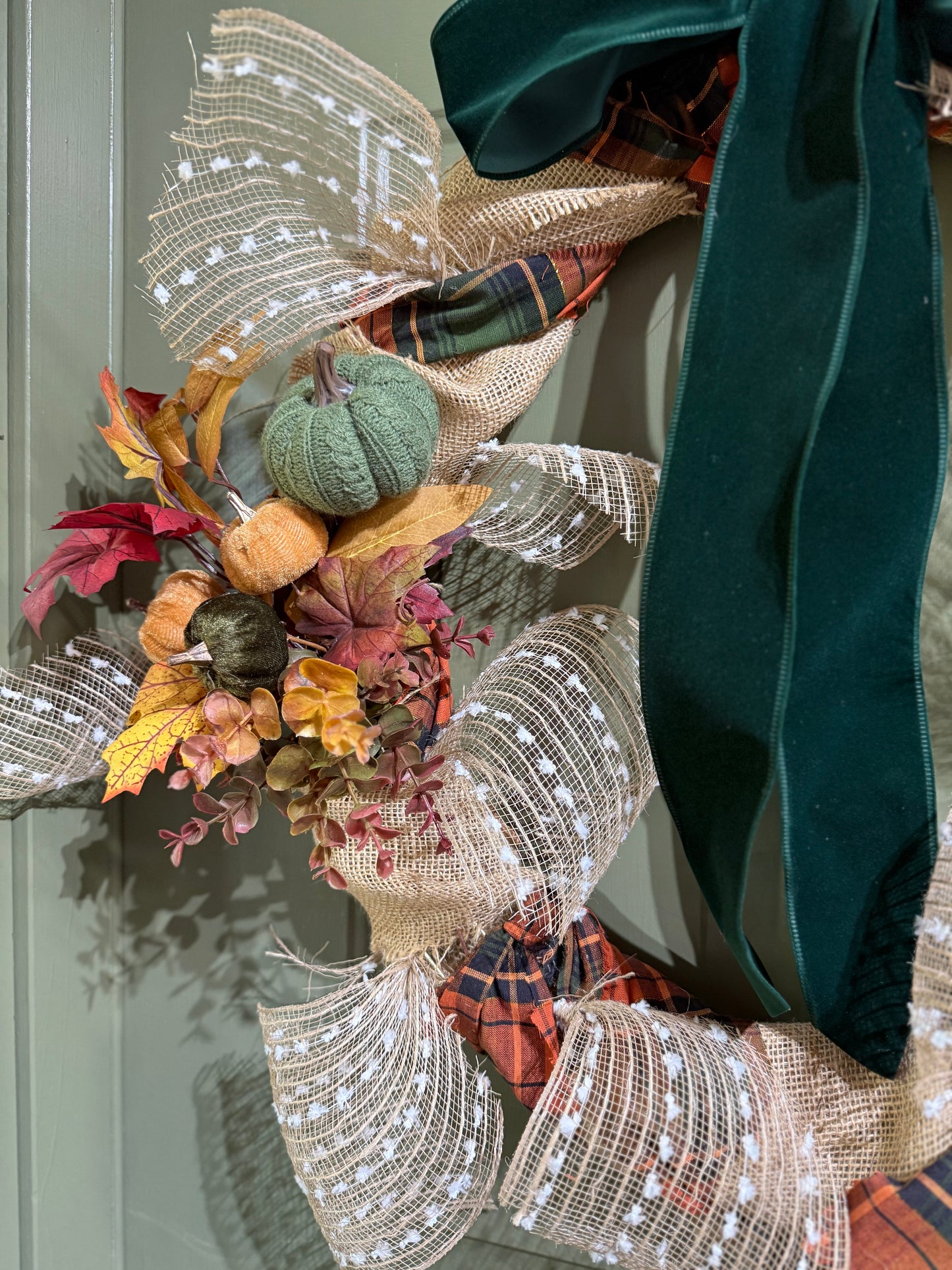 Vintage Scarecrow Fall Wreath with Velvet Bow, Pumpkins & Rustic Plaid