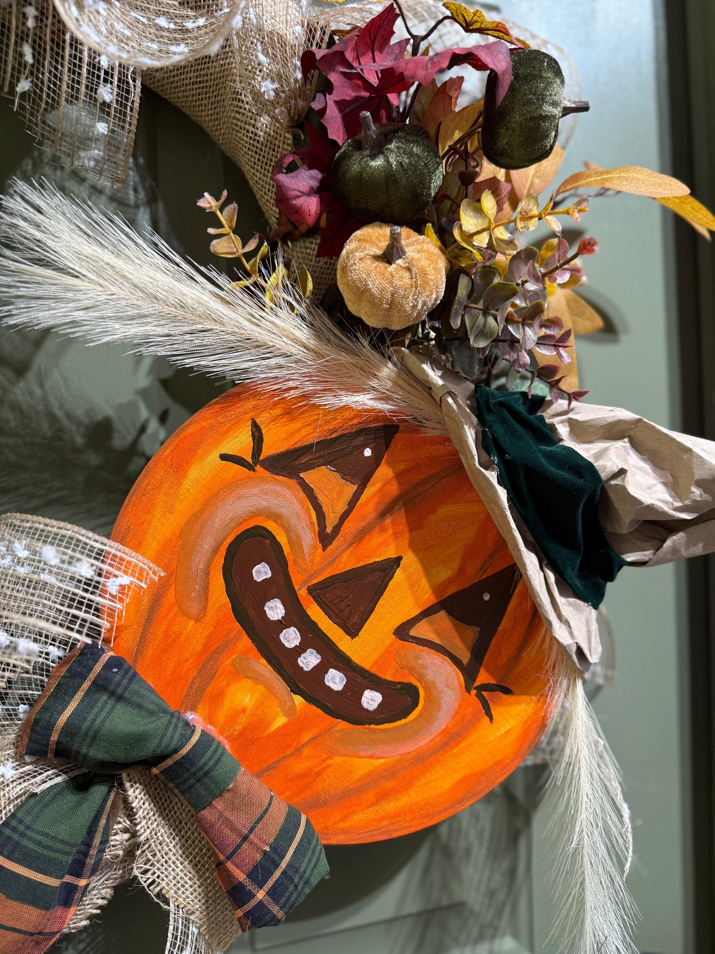 Vintage Scarecrow Fall Wreath with Velvet Bow, Pumpkins & Rustic Plaid