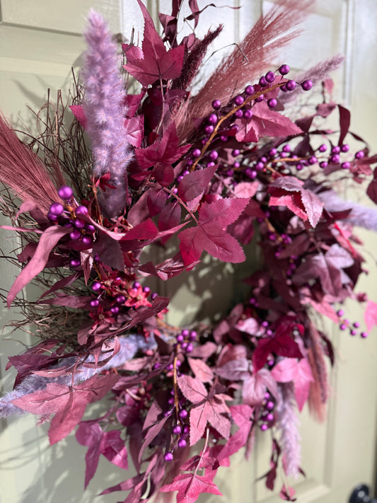 Boho Moody Fall Wreath with Burgundy Pampas, Purple Berries & Eucalyptus – 22”