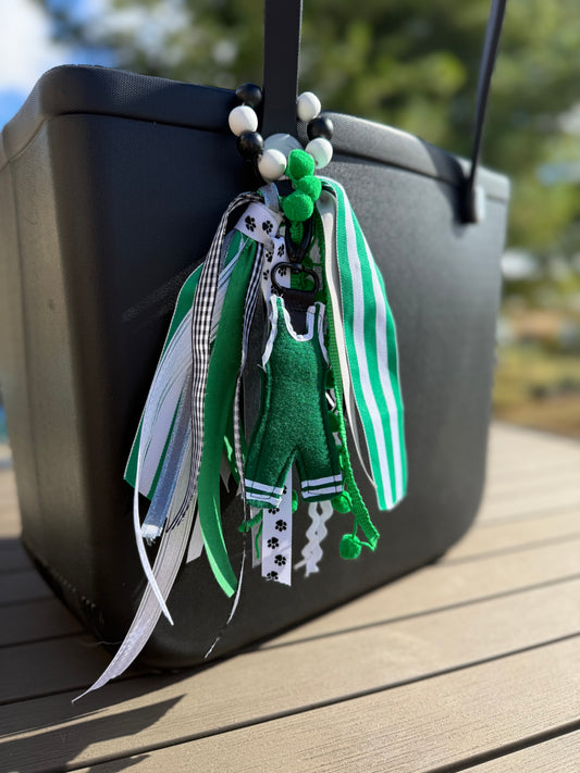 Wrestling Bogg Bag Charm — Green & White Ribbon Chain with Wood Beads